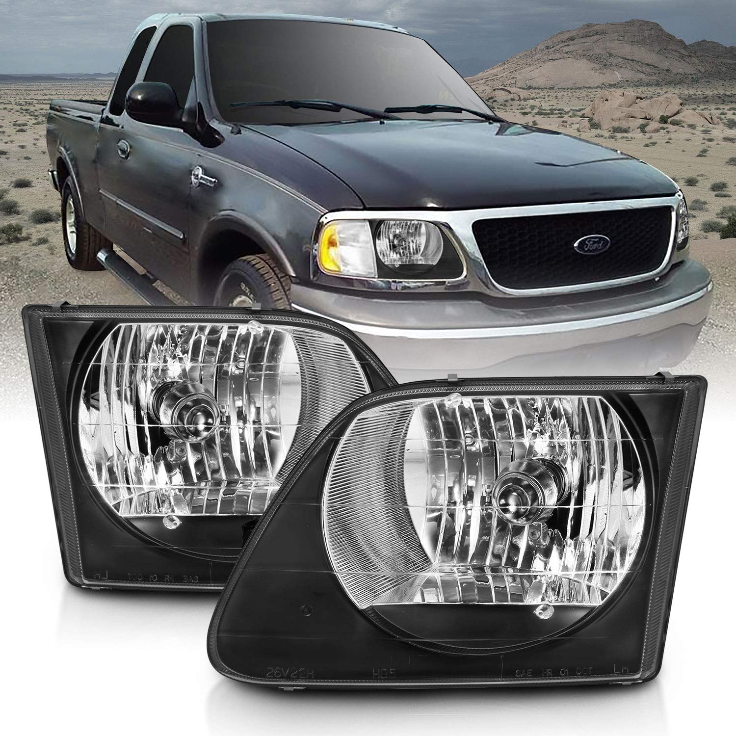 Amerilite For 1997-2003 Ford F150 F250 Expedition Factory Style W/Bulb Chrome Replacement Corner Headlights Set - Passenger And