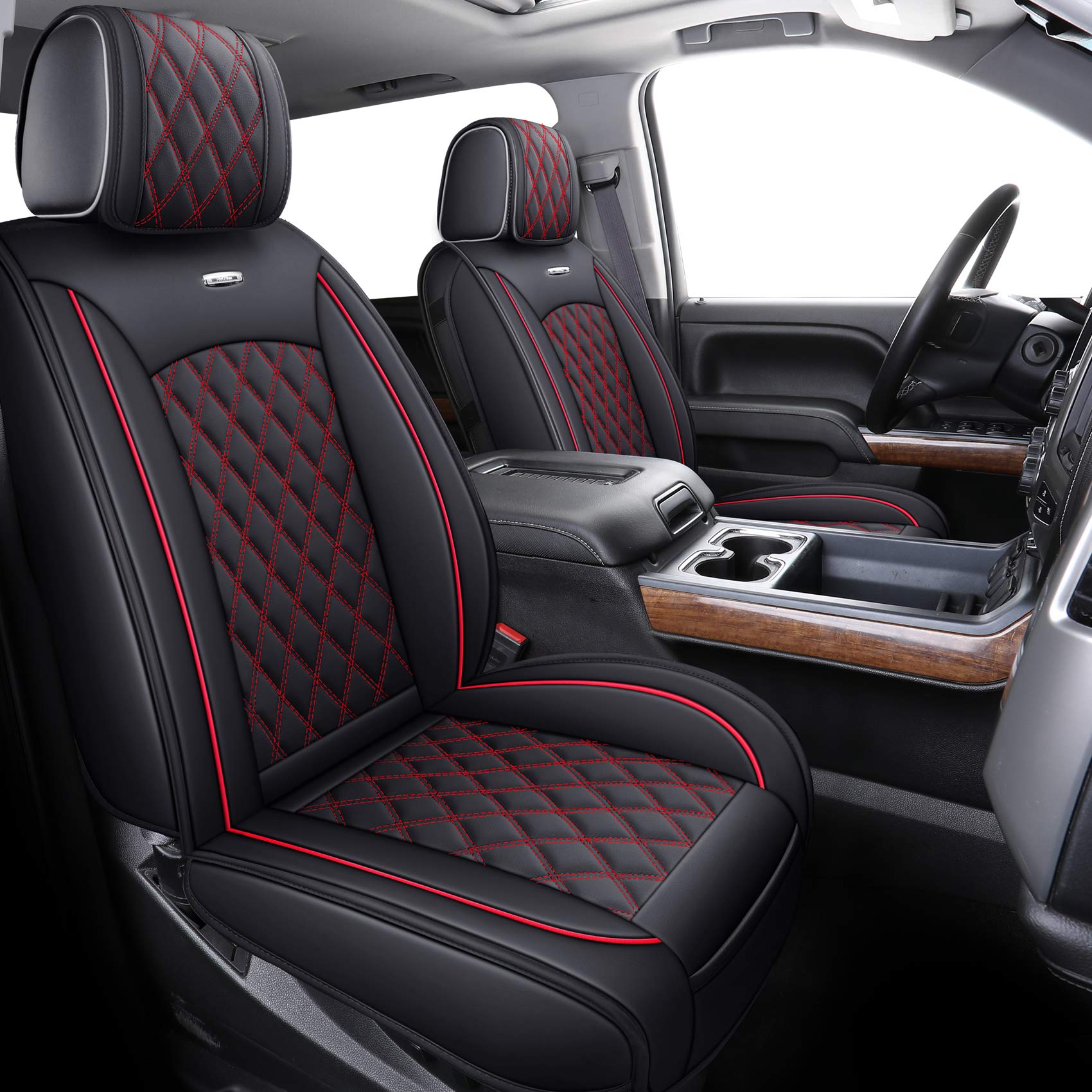 Aierxuan Truck Seat Covers For Chevy Silverado Gmc Sierra Trail Boss Z71 Pickup 2007-2024 1500 2500Hd 3500Hd Crew Double Extended Cab Waterproof Leather (Full Set, Black-Red)
