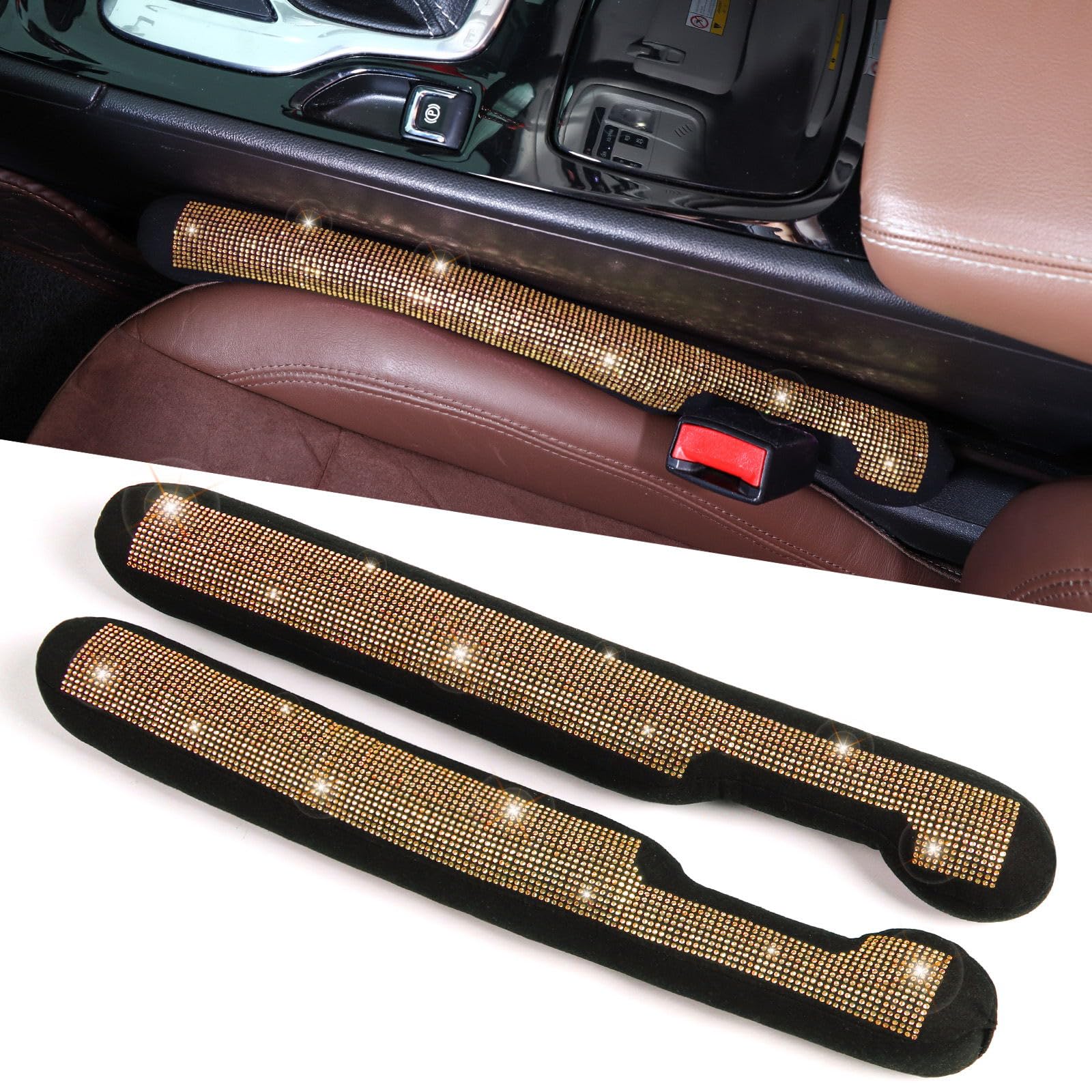 Tobequeen Beige Seat Gap Filler, Handmade Crystal Diamond Rhinestone Champagne Bling Car Accessories For Women, Universal Fit Fo