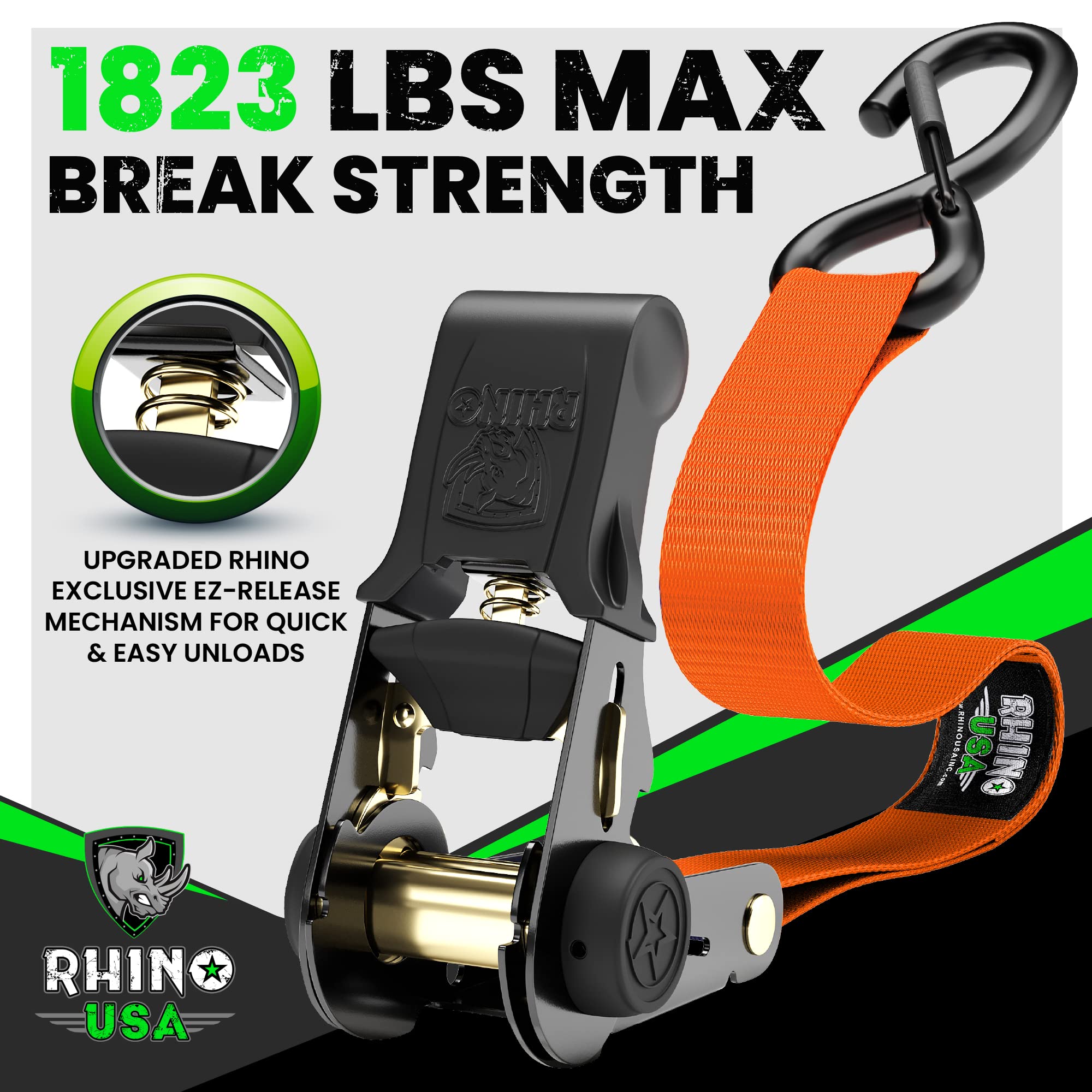 Rhino Usa Ratchet Tie Down Straps (4Pk) - 1,823Lb Guaranteed Max Break Strength, Includes (4) Premium 1 X 15' Rachet Tie Downs With Padded Handles. Best For Moving, Securing Cargo (Black 4-Pack)