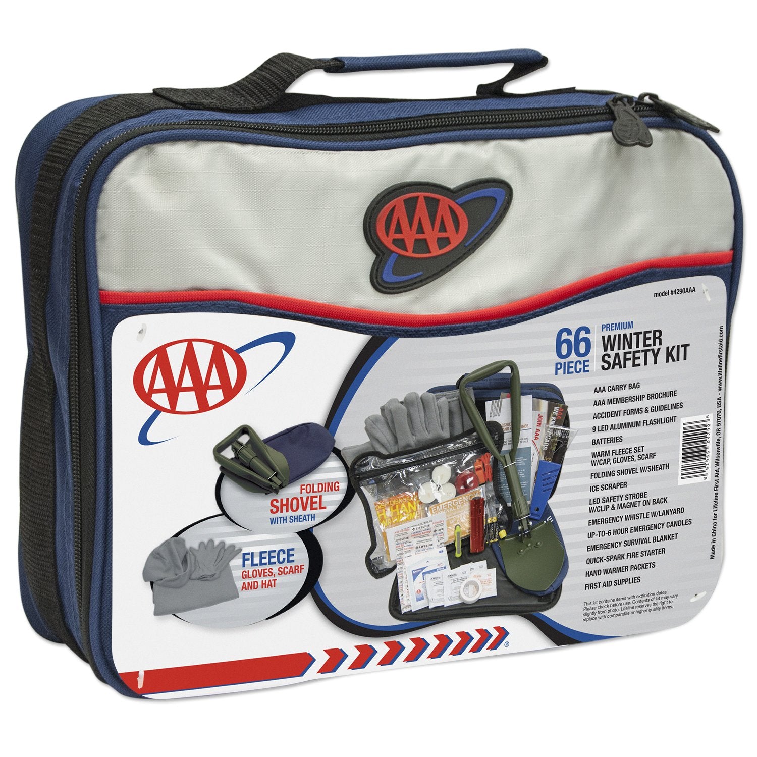 Lifeline 4390 AAA Severe Weather Emergency Road Safety Kit - 66 Pieces - Featuring Emergency Folding Shovel, Fleece Set, Fire St