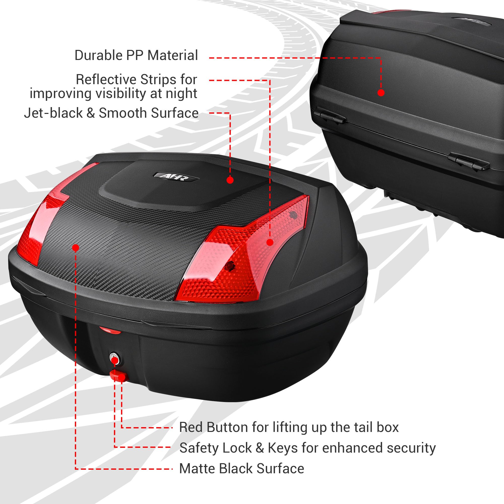 Yescom 48L Motorcycle Top Case Trunk - Black Polypropylene Storage Box Model 33MTB002-Y48L-06