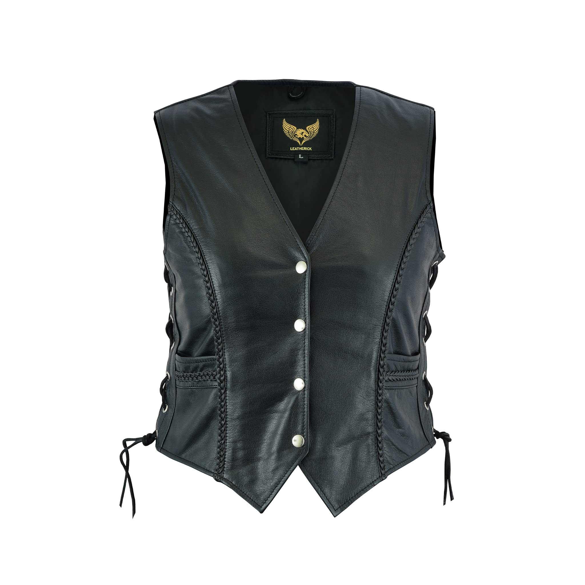 Leatherick Women Top Grain Genuine Buffalo Black Ladies Leather Vests For Motorcycle Bikers (As1, Alpha, M, Regular, Regular, Bl