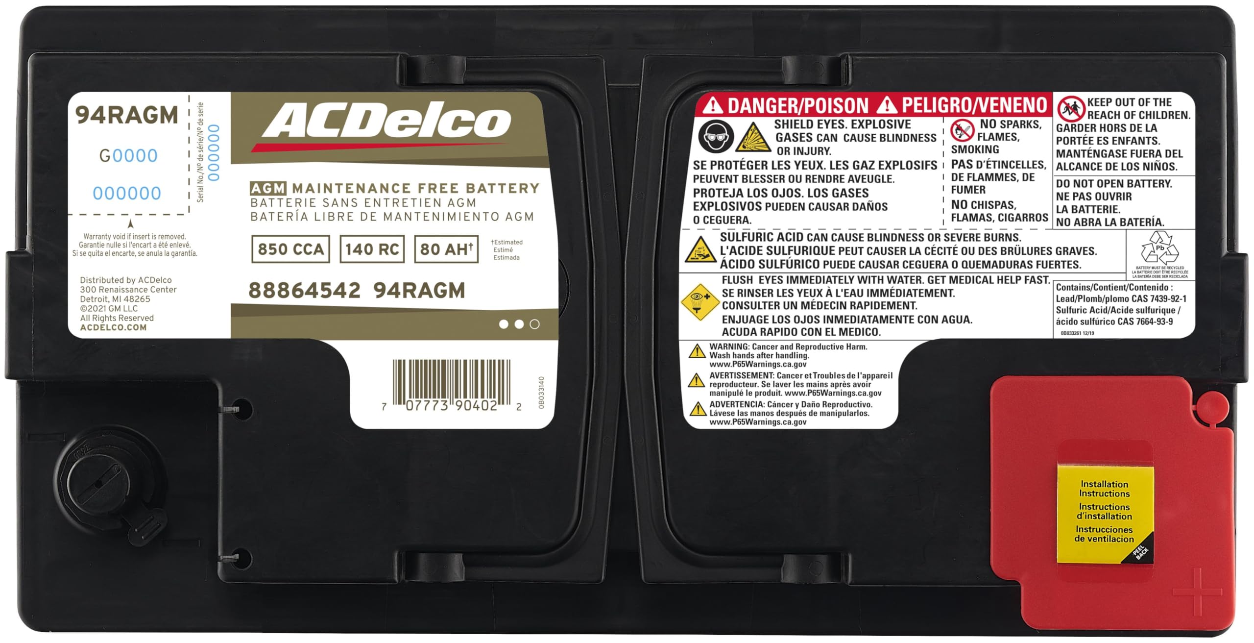 ACDelco Gold 94RAGM AGM Battery - 36 Month Warranty, BCI Group 94R, Pack of 1