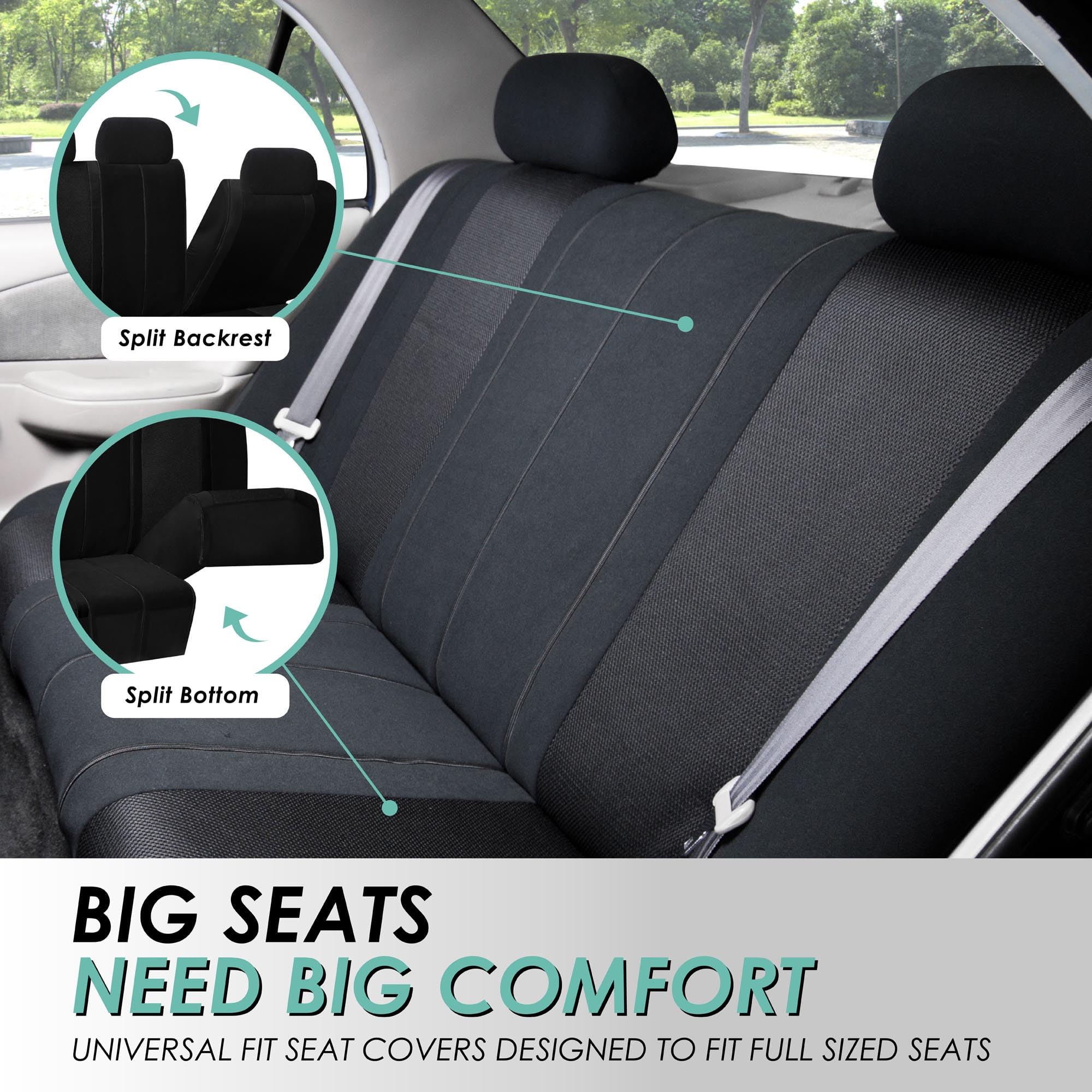 Fh Group Car Seat Covers Sports Fabric Three Row Set Black Automotive Seat Covers, Airbag And Split Rear Car Seat Cover Universa