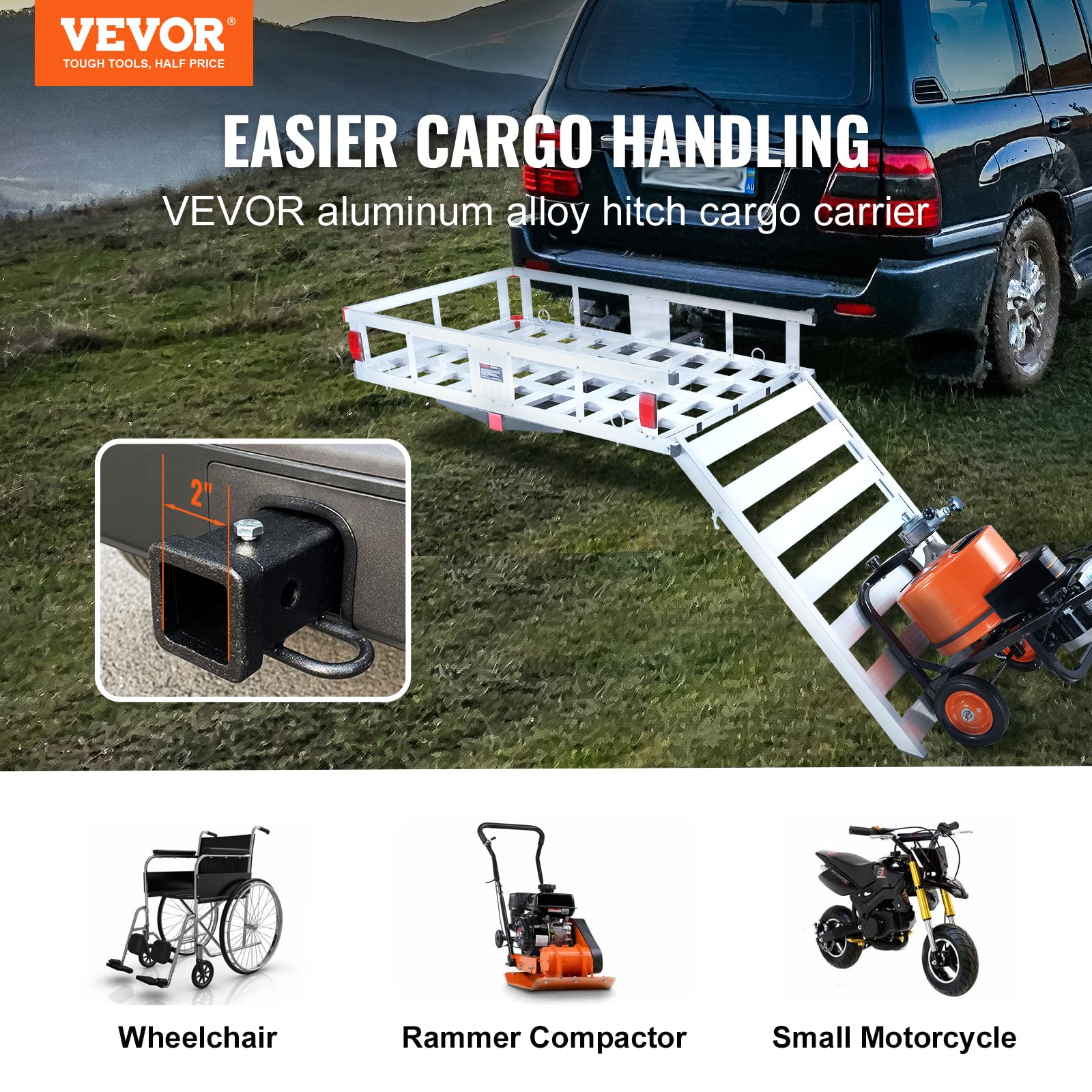 Vevor 50 X 29.5 X 8.7 In Hitch Cargo Carrier, 500Lb Capacity Trailer Hitch Mount Aluminum Cargo Basket With Folding Ramp, Luggage Carrier Rack Fits 2' Hitch Receiver For Suv Truck Pickup Camping