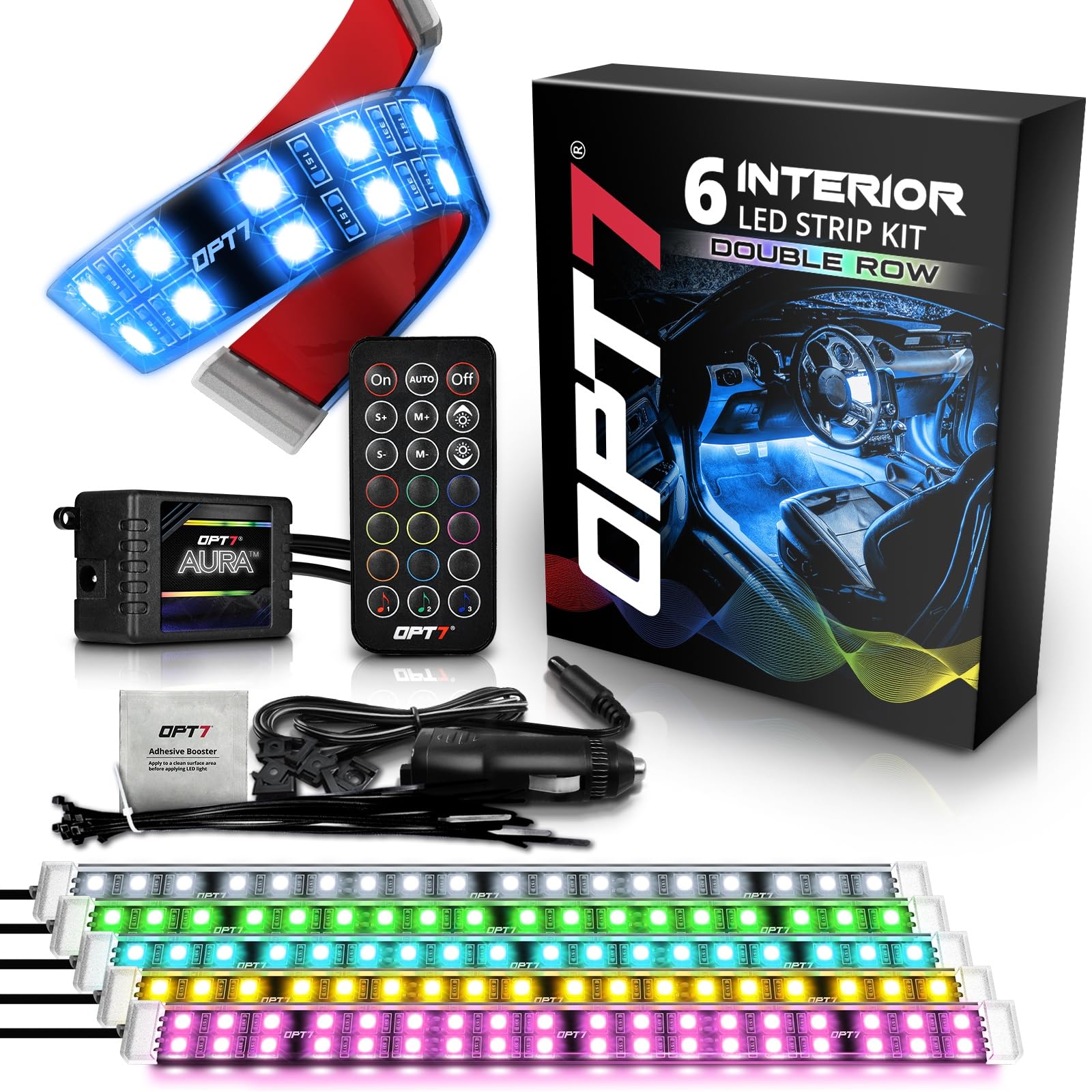 Opt7 Aura Double Row Car Led Lights Interior 6Pc With Wireless Remote Control, Multicolor Mode, Sound Active Function Inside Amb