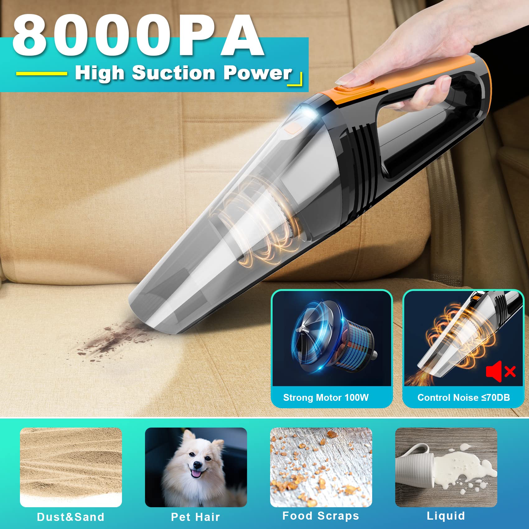 FRESMOL Portable Car Vacuum Cleaner VC003B, 8000Pa High Power, 12V, Black, 16.4Ft Corded, LED Light, Deep Cleaning Kit for Car
