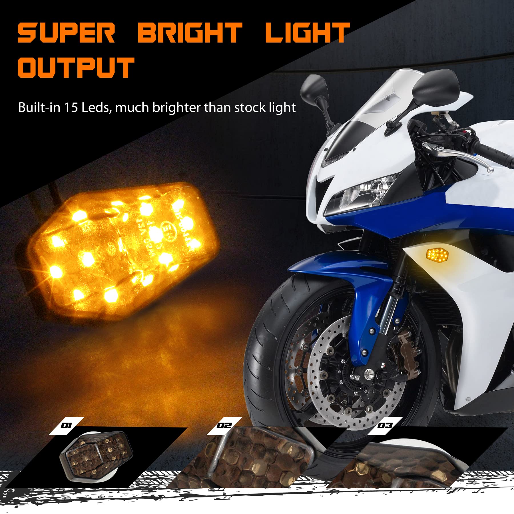 QUASCO LED Flush Mount Motorcycle Turn Signals Universal 12V Blinkers Smoked Lens Compatible with Sport Street Racing Bike Suzuk