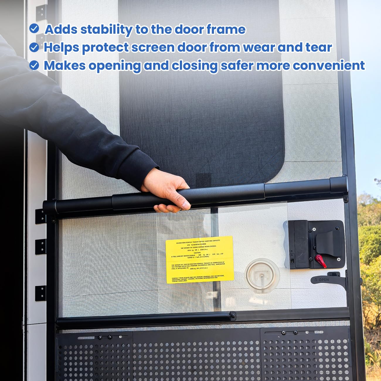 Safoner RV Screen Door Handle Grab Bar - Adjustable Black Metal & Plastic, Universal Fit 21.5" to 32", Durable Trailer Accessory