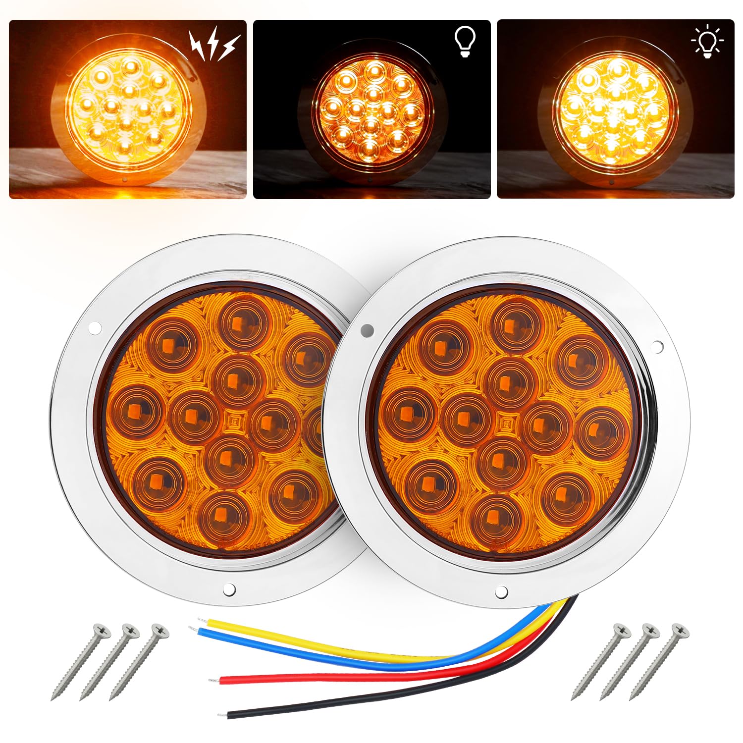 TMH 2 Pack of 4 Inch Round Amber LED Flashing Strobe Trailer Tail Lights, 12 LED with Chrome Housing, Strobe Solid Flash Pattern