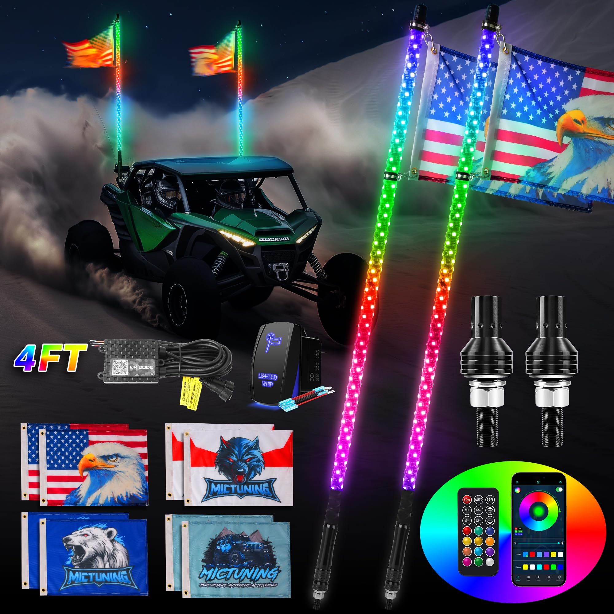 MICTUNING 2pc 4ft Spiral LED Whip Lights with 8 Flags, RF Remote & App Control, RGB Chasing Lighted Whips with Rocker Switch, Mu