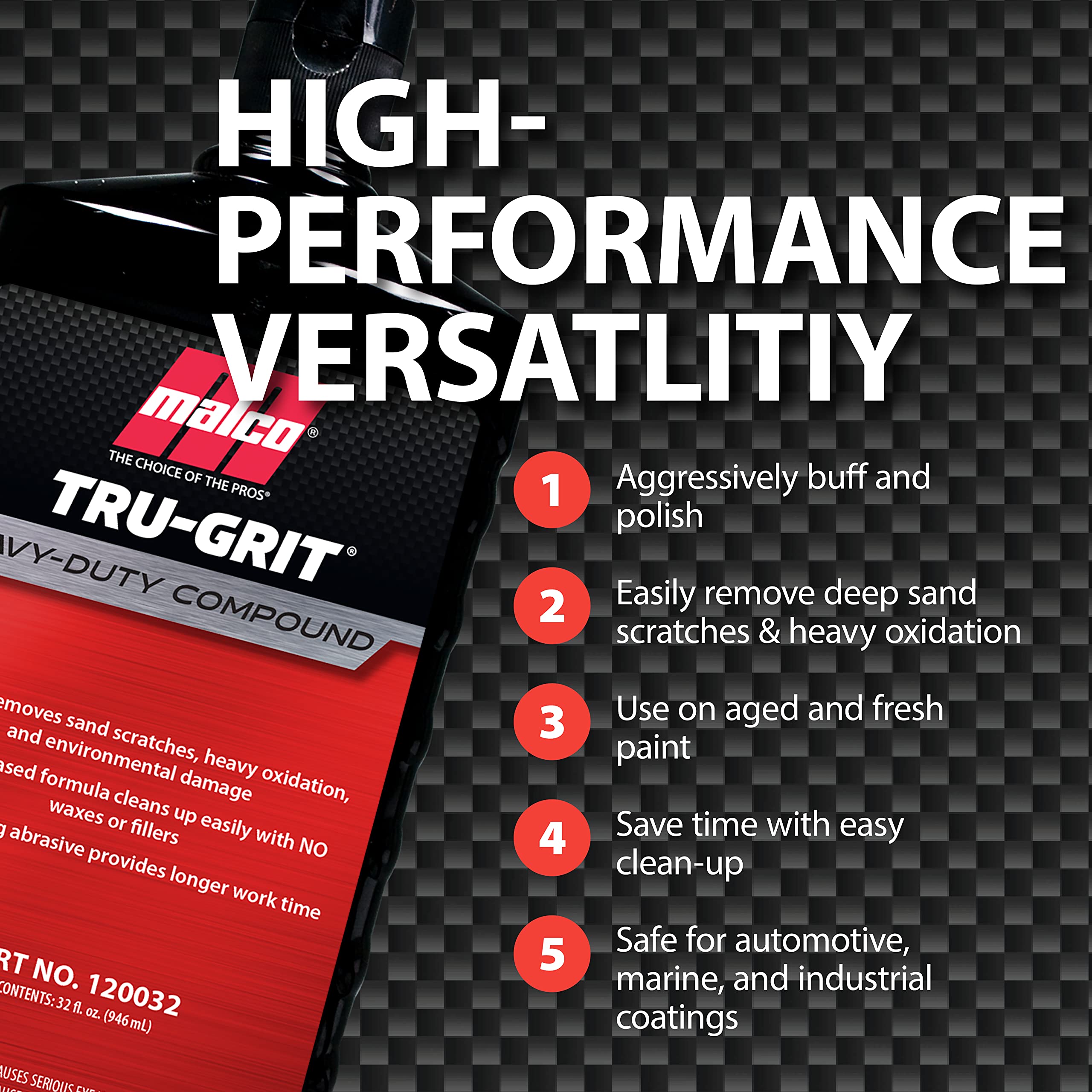 Malco Tru Grit Heavy Duty Buffing & Polishing Compound, 32 Oz, Aluminum Oxide, Automotive Paint Correction, Model MAL1200023