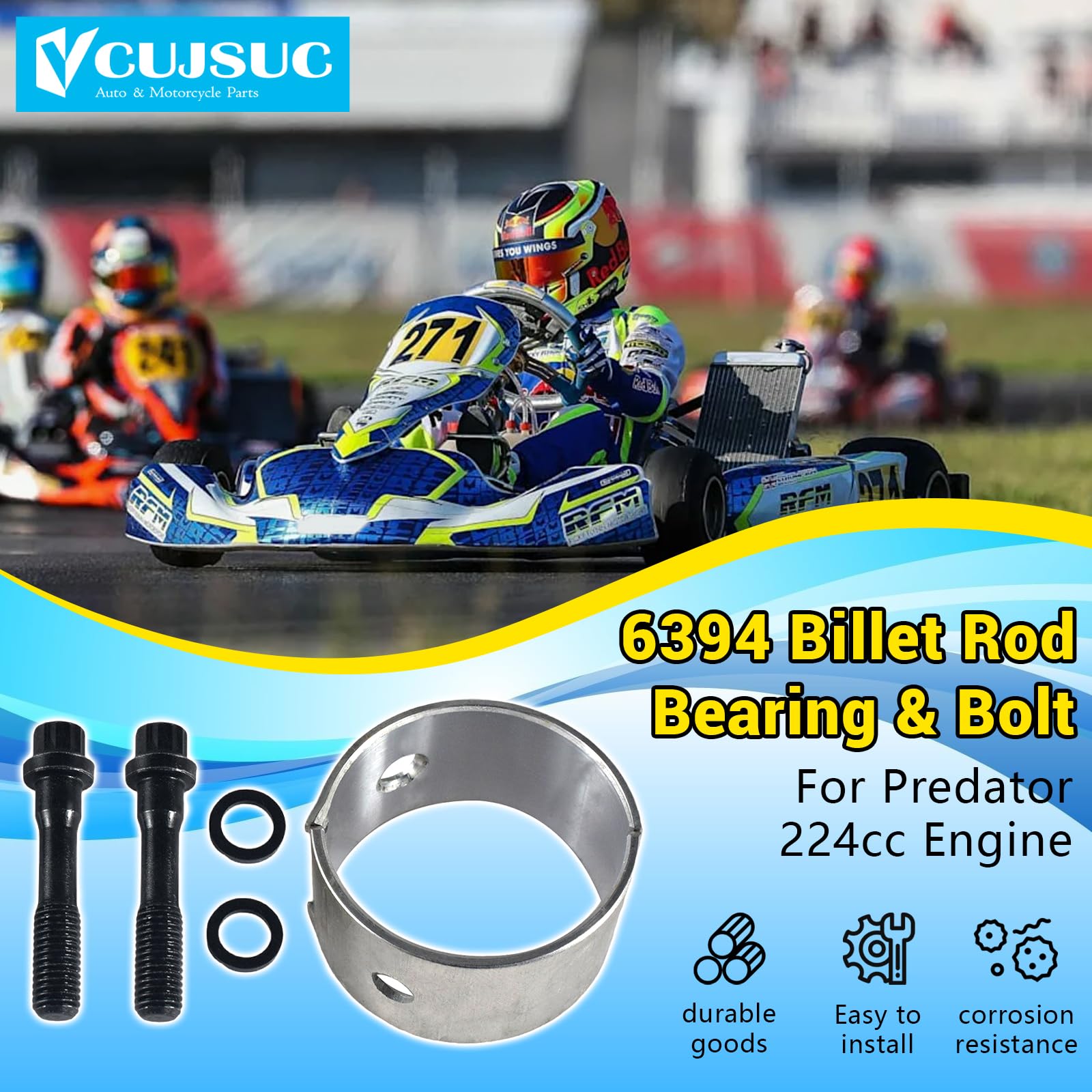 VCUJSUC Billet Rod Bearing & Bolt Set for Harbor Freight Predator 224cc Engines for Honda & Clone GX200 GX160 196cc 6.5Hp Engine