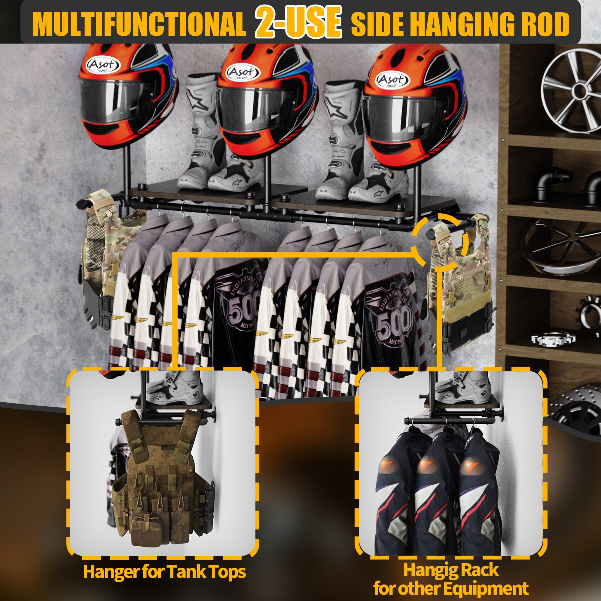 ATSKIM Double Motorcycle Helmet Holder Wall Mount, Metal Display Rack for 3 Helmets, Includes 4 Hooks, Model AT-1002