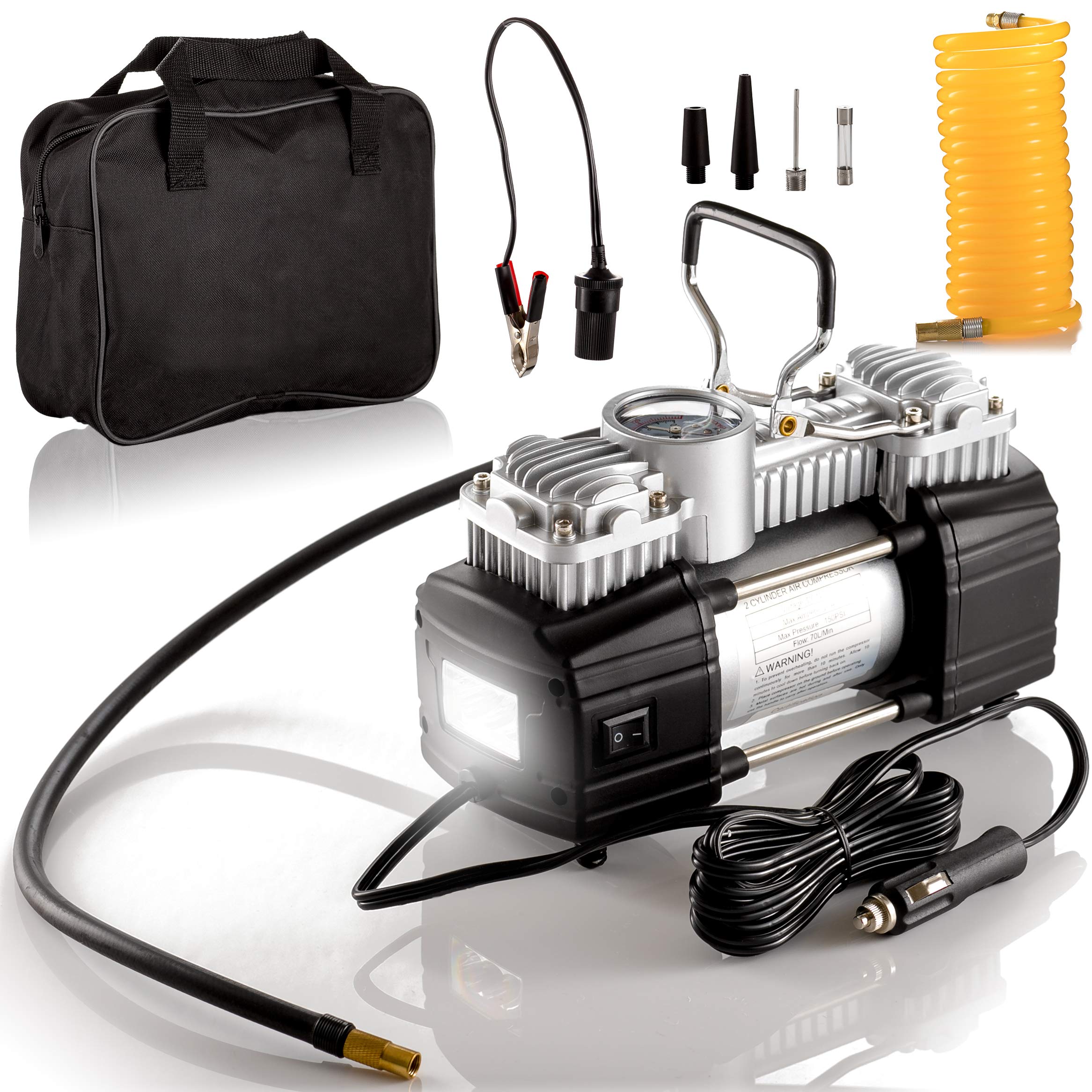 Portable Double Cylinder Air Compressor Tire Inflator With Led Flashlight, 12V Compact Air Pump For Car Tires, 150 Psi Heavy-Dut