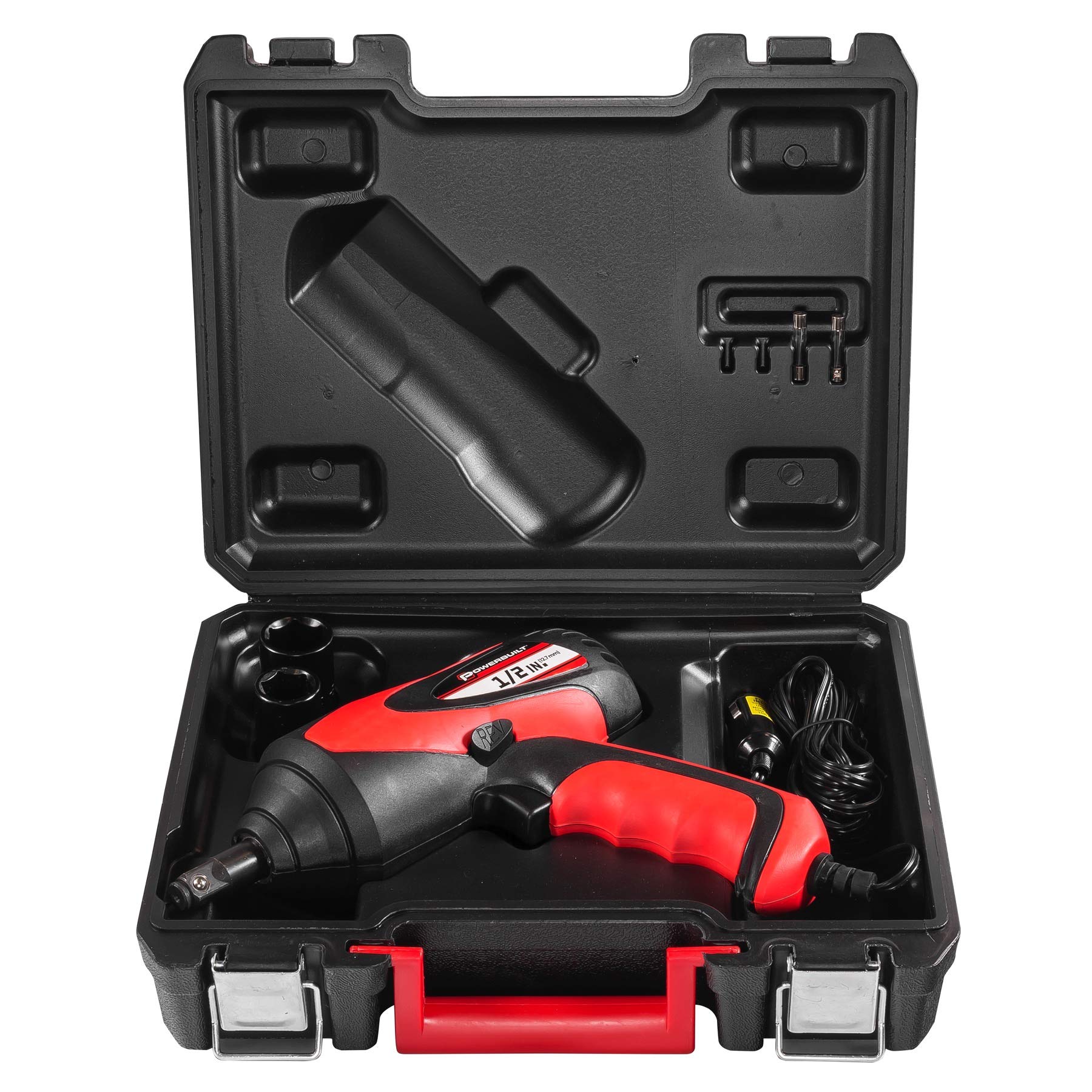 Powerbuilt 12V Lug Nut Impact Wrench with 2 Sockets, Red, Model 240067, Metal, LED Light, Cigarette Lighter Plug, Carry Case