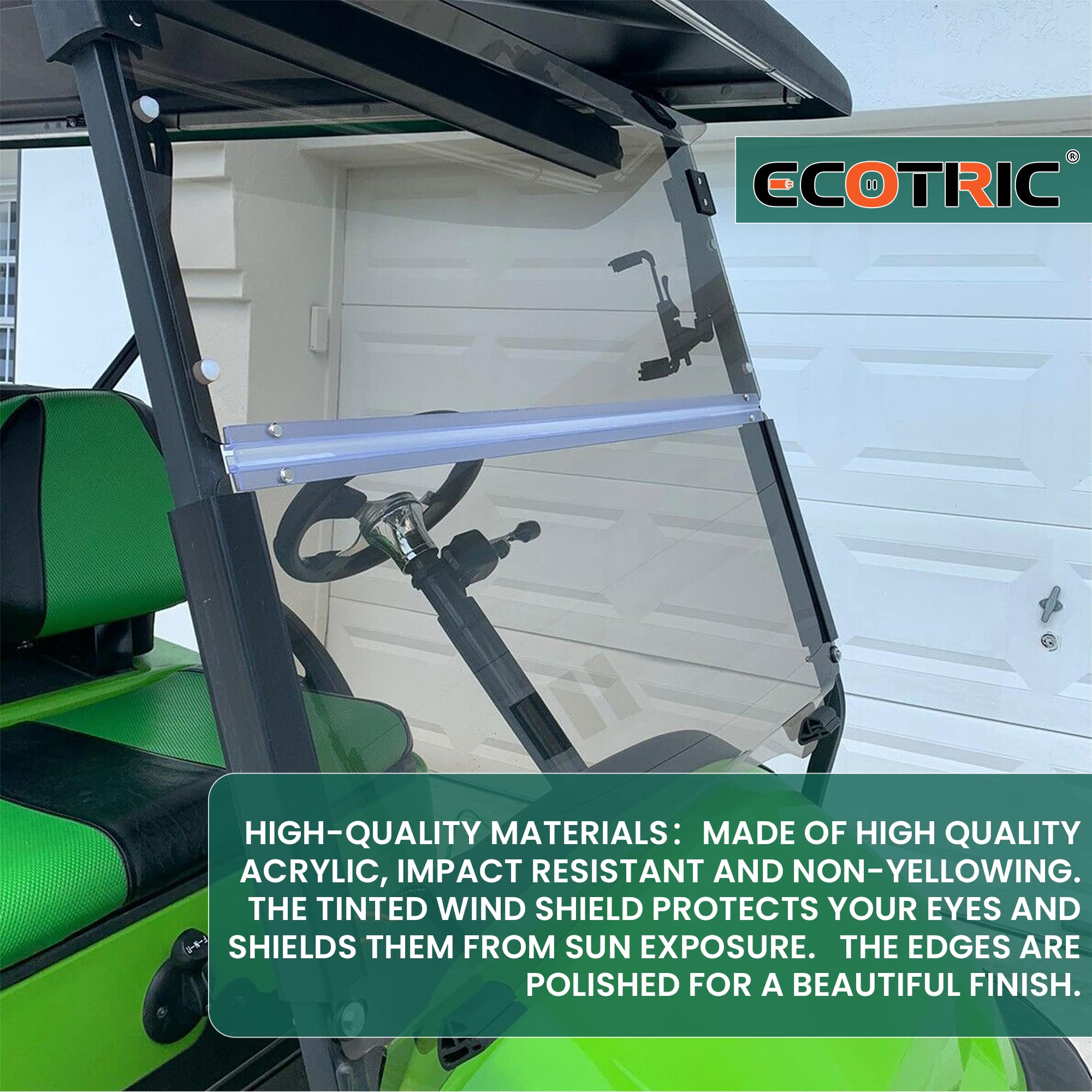 ECOTRIC Tinted Windshield for 2004-UP Club Car Precedent Golf Cart, Acrylic, Model VC-B23-57-S, Folding Down, Impact Resistant