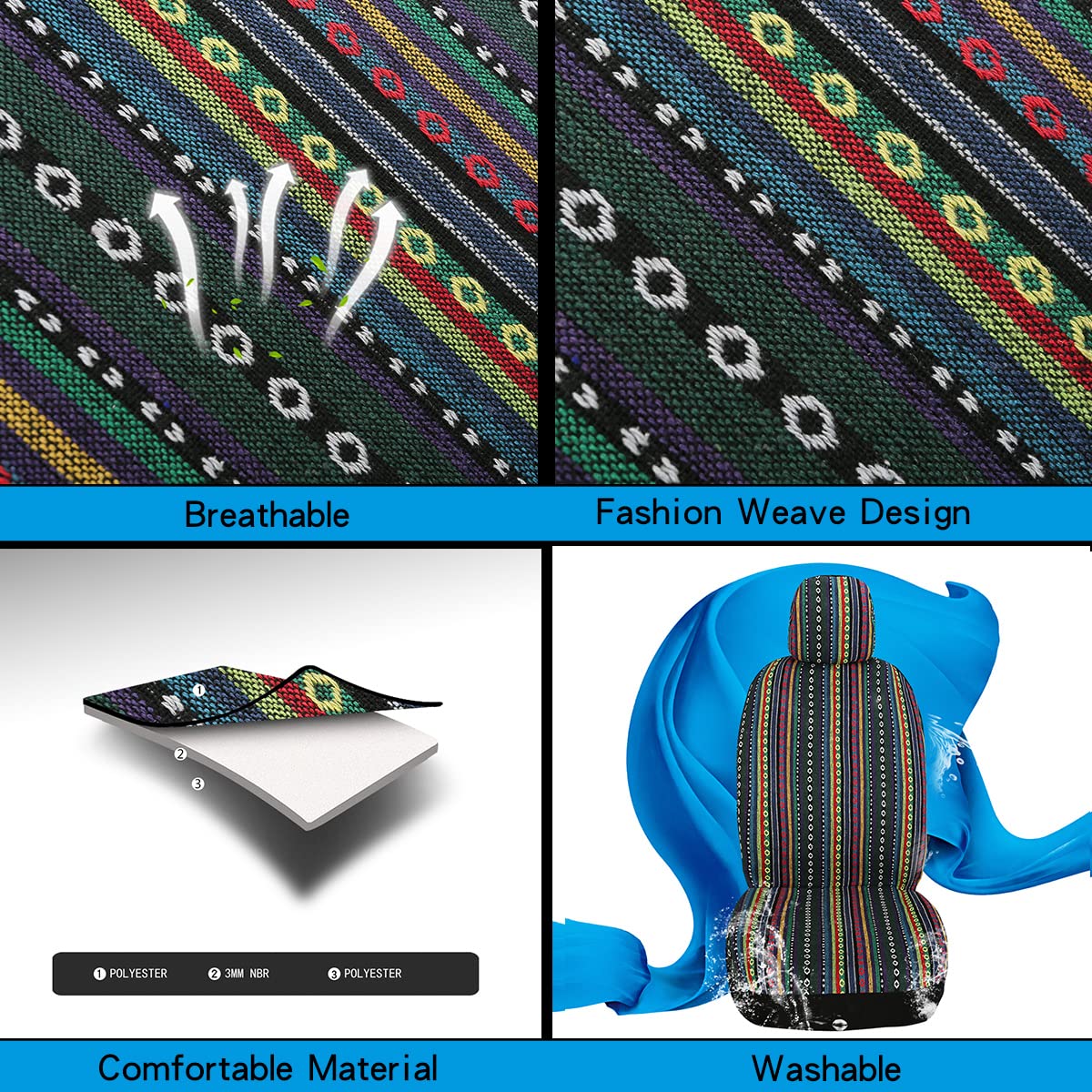 Ponyjoyup Baja Saddle Blanket Car Seat Covers 4Pcs Front, Breathable And Washable Striped Woven Automotive Vehicle Seat Cover, Universal Boho Seat Cover For Sedan, Suv, Truck, Airbag Compatible
