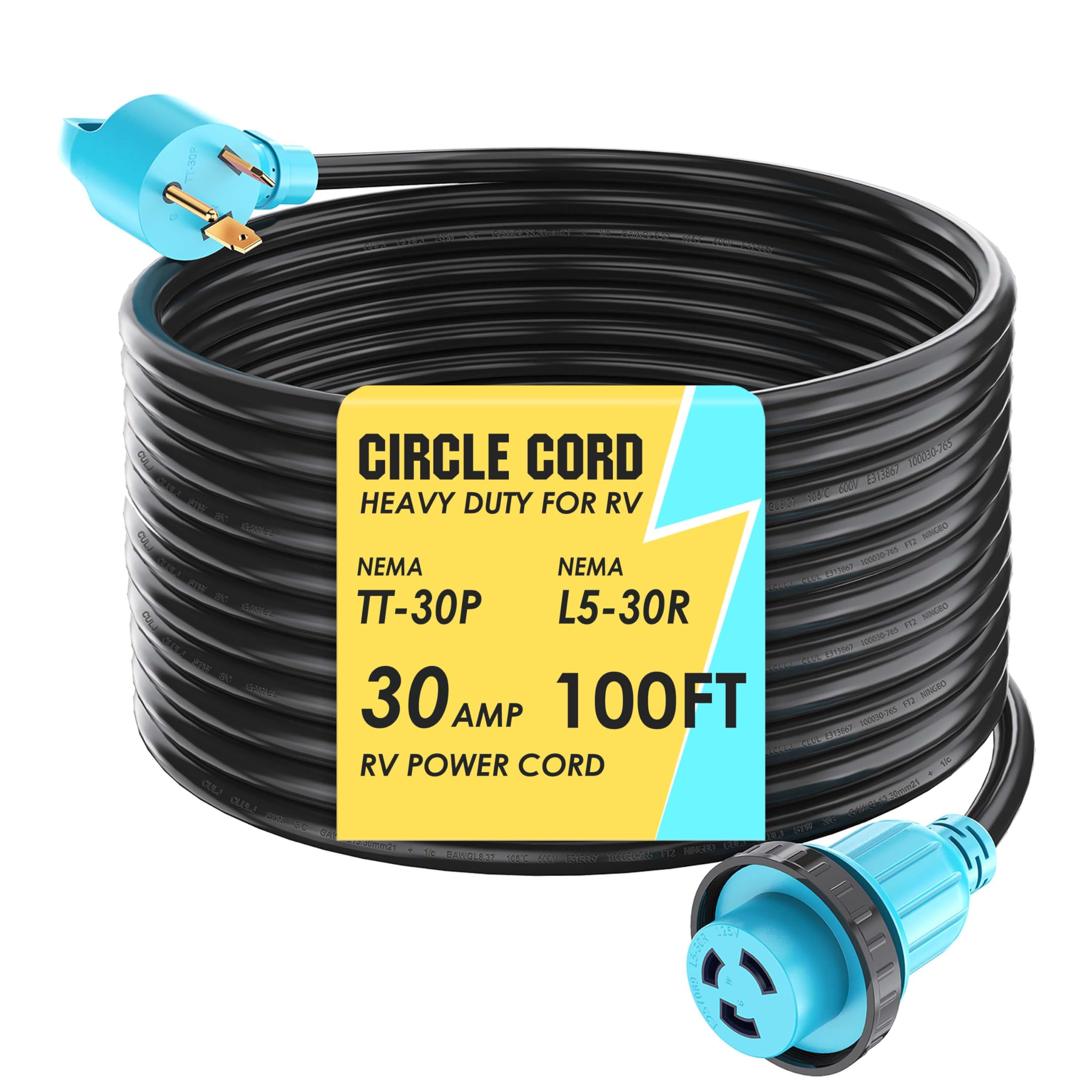 Circlecord 30 Amp 100 Feet Rv Power Cord Twist Locking, Heavy Duty 10 Gauge 3 Wire Stw Pure Copper Wire With Grip Handle, Tt-30P