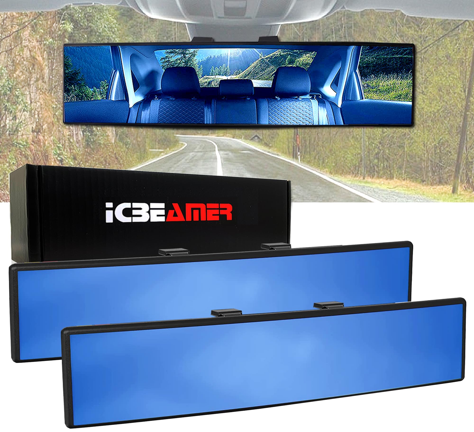 Icbeamer 14.2'' Car Rear View Mirror, Clear Blue Tint Convex Surface, 360Mm Panoramic Wide Angle Blindspot Mirror For Car,Rubber
