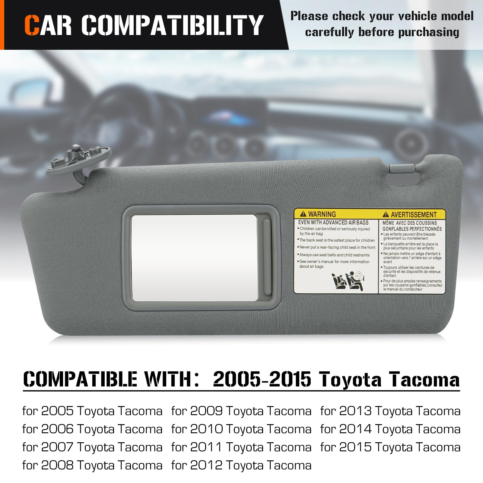 Left & Right Sun Visor for 2005-2015 Toyota Tacoma Without Light, Driver & Passenger Sides Gray Sunvisor Replacement 74320-35C10