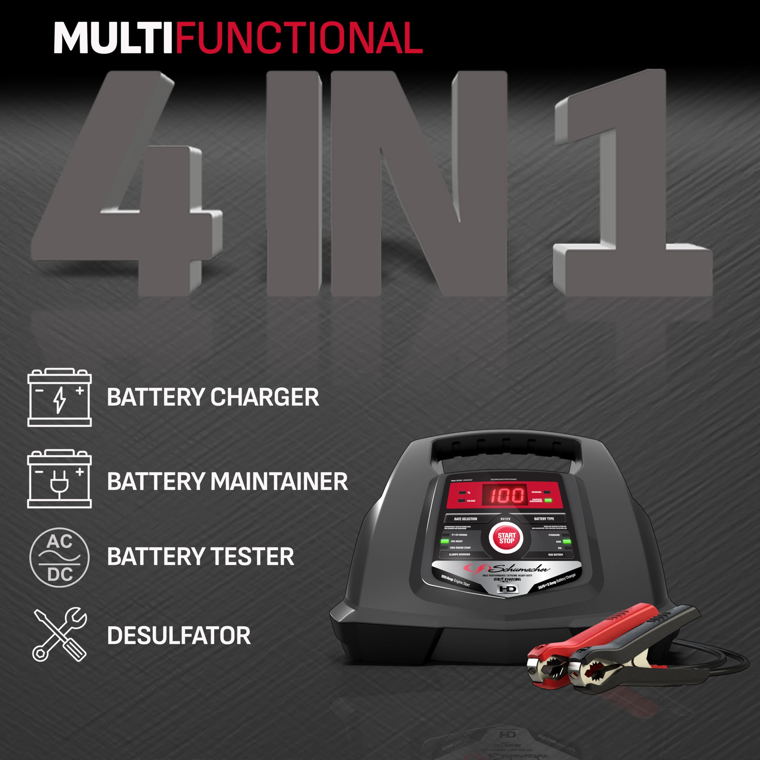 Schumacher Electric 6V/12V Fully Automatic Car Battery Charger & Engine Starter SC1281 - Black, 30/100A, Reverse Hook-Up Protection