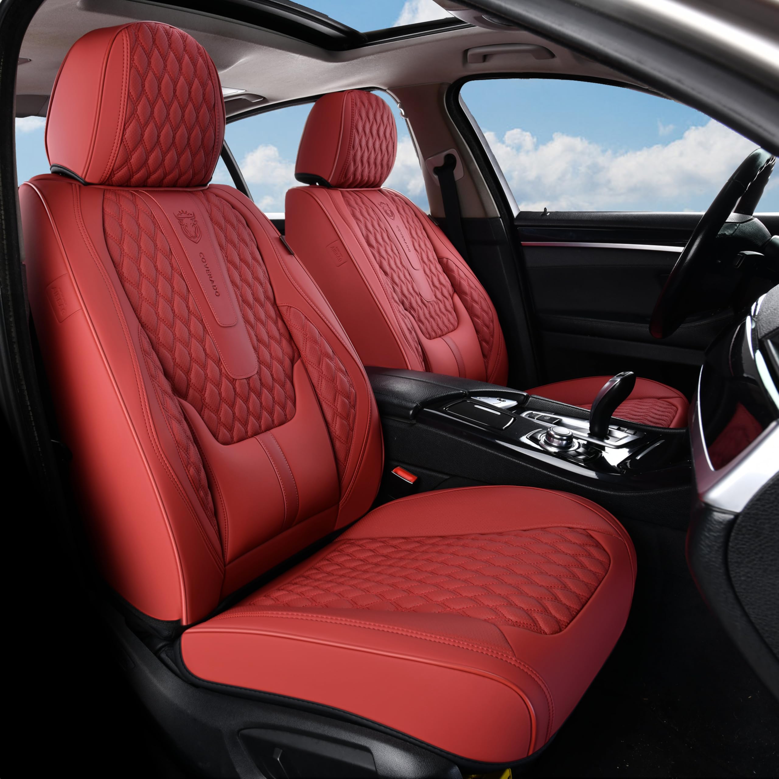 Coverado Car Seat Covers Front Seats, Luxury Faux Leather Red Seat Covers for Cars Waterproof Seat Covers with Lumbar Support, C