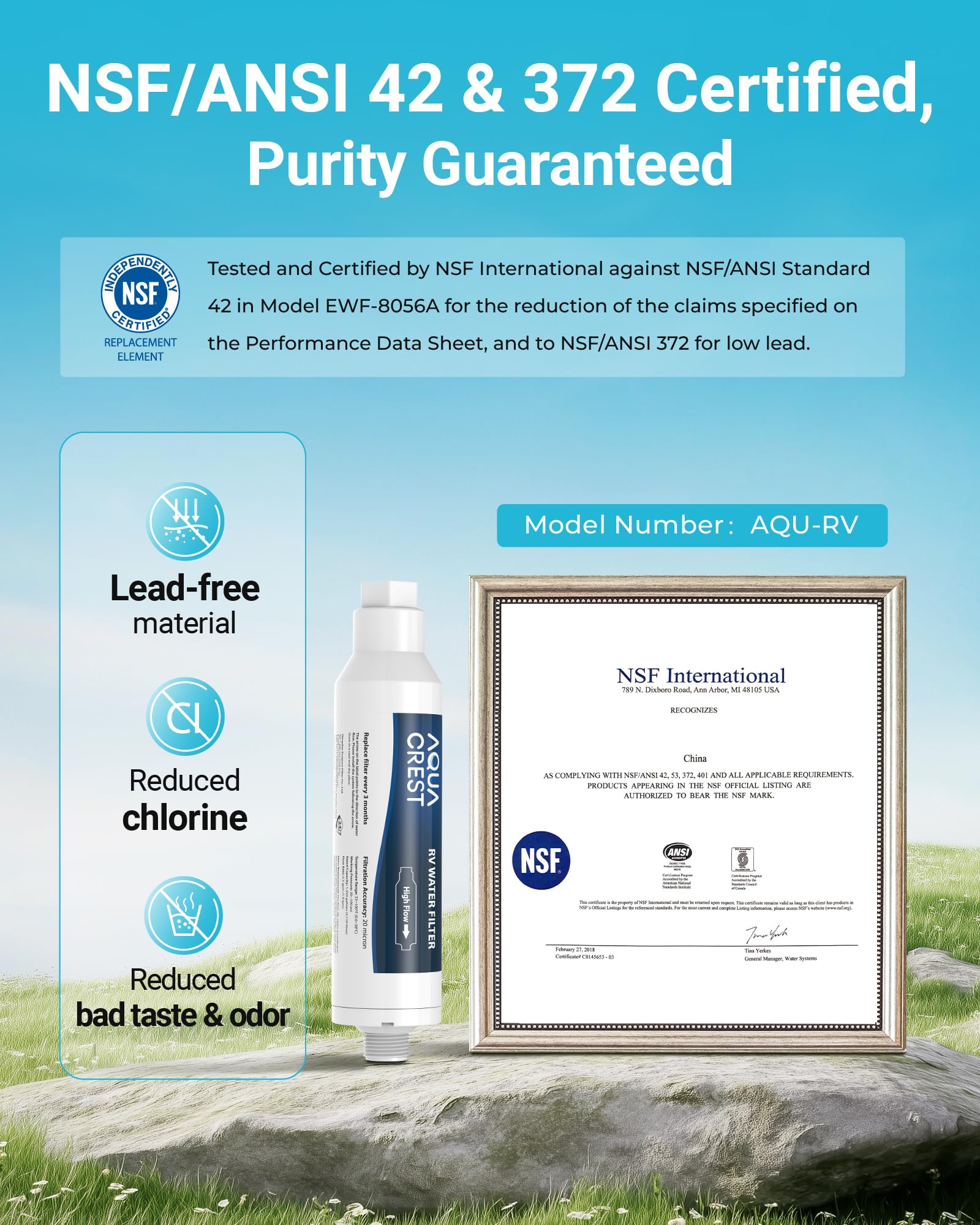 AQUA CREST RV Inline Water Filter - NSF Certified, Reduces Chlorine & Odor, 4 Pack with Hose Protector, Non-Woven Fabric, Model AQU-RV, White