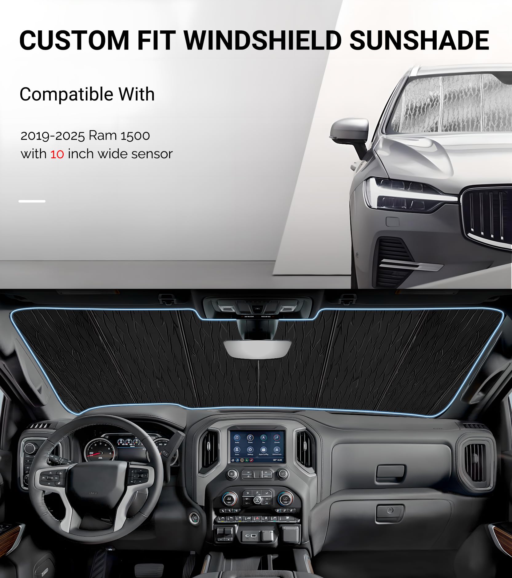 Pigenius Windshield Sun Shade For 2019 2020 2021 2022 2023 Dodge Ram 1500 - Premium Folding Sunshade (For Car With 10 Inch Wide