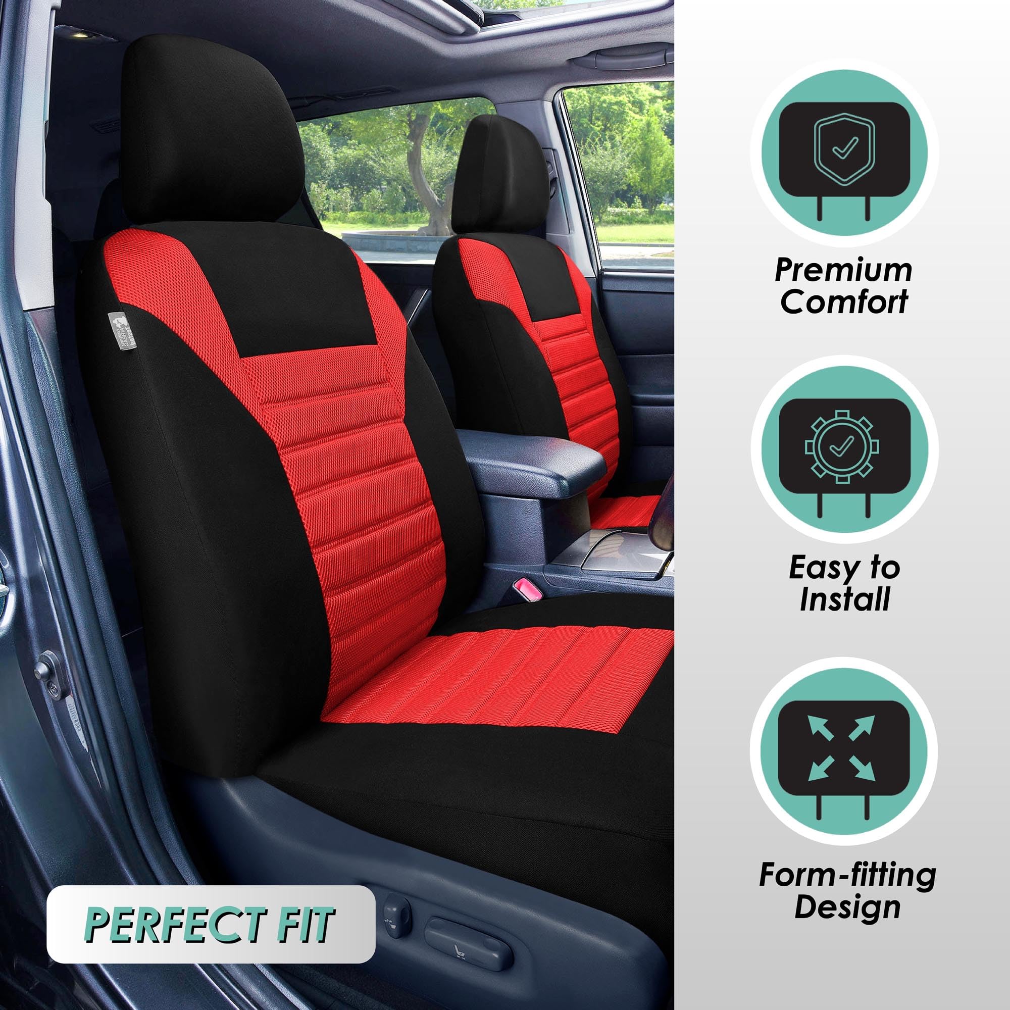 Fh Group Car Seat Cover Premium 3D Air Mesh Front Pair Set Car Seat Covers Airbag Compatible, Red And Black Automotive Seat Cove
