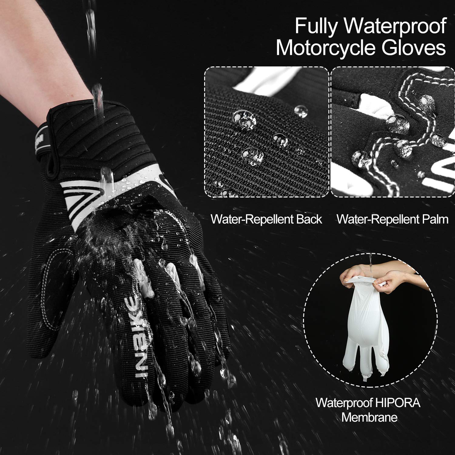 Inbike Waterproof Winter Motorcycle Gloves Thermal Fleece Touchscreen With Tpr Palm Pad Cushioning Hard Knuckle White Small
