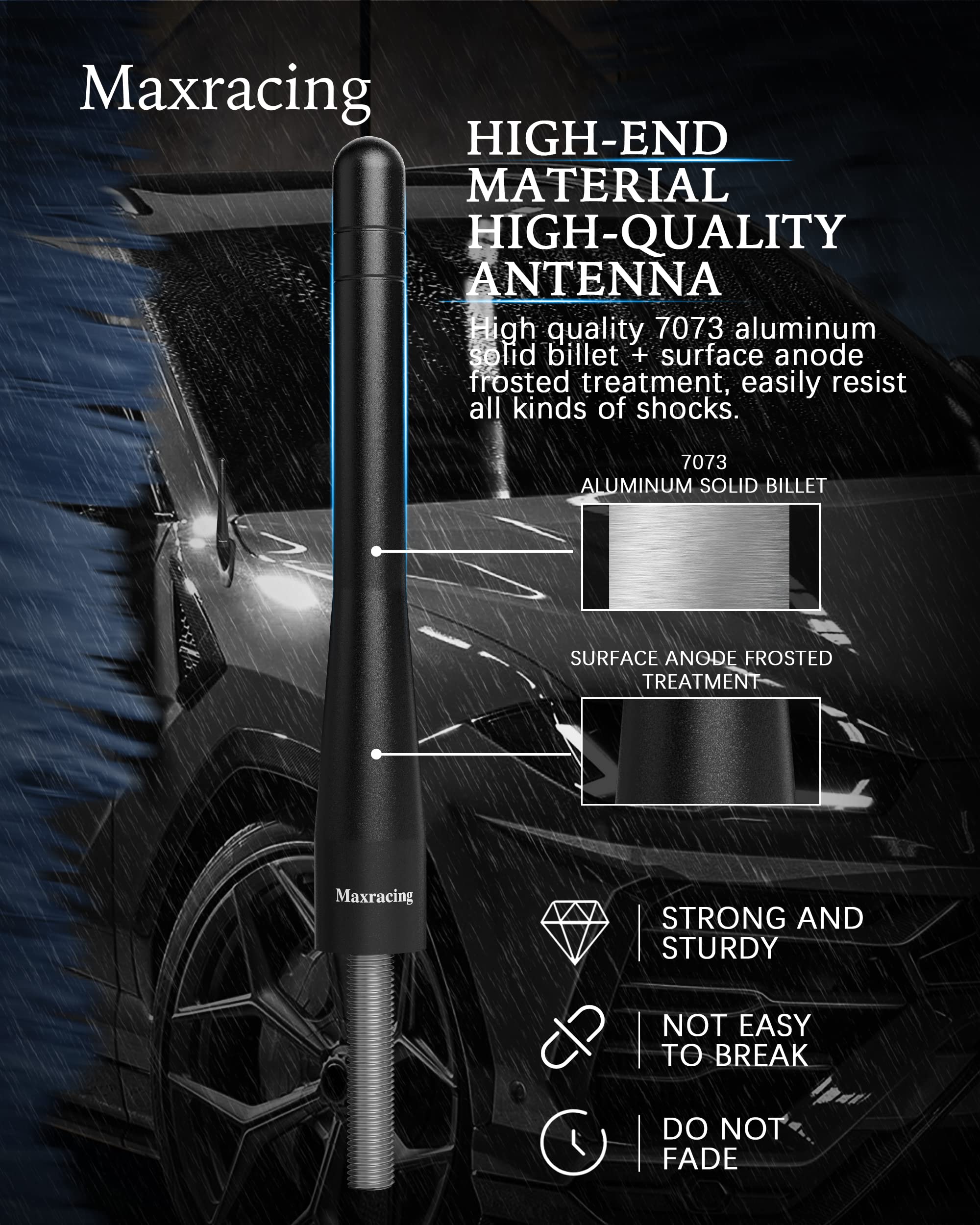 MAXRACING Short Aluminum Antenna for 2007-2023 Chevy Silverado - Black, M7 Thread Compatibility