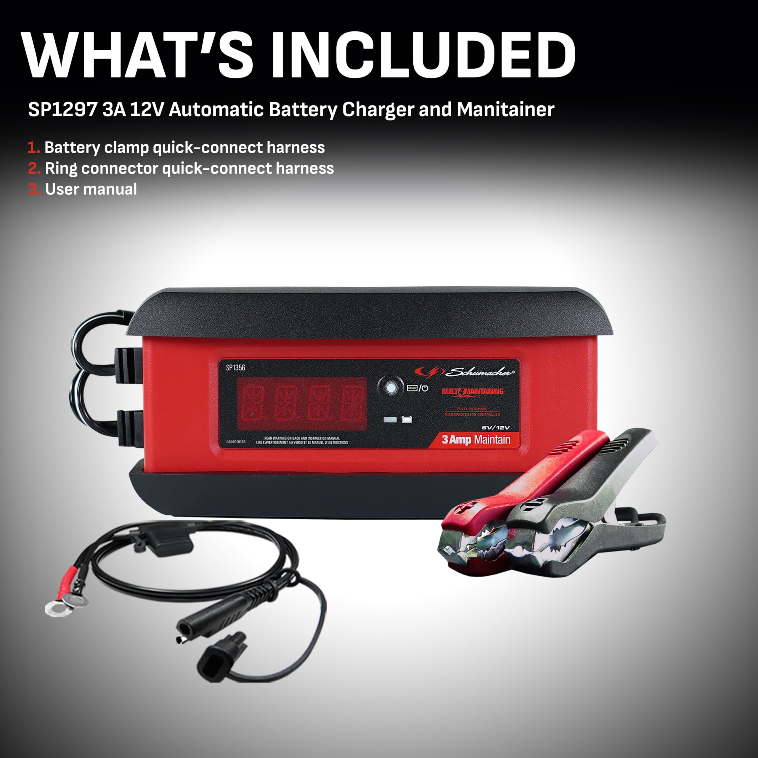 Schumacher Electric 3-in-1 Battery Charger SP1297 - 12V, 3 Amp, Fully Automatic, Red, for Cars, Motorcycles, Lawn Tractors, Marine Batteries