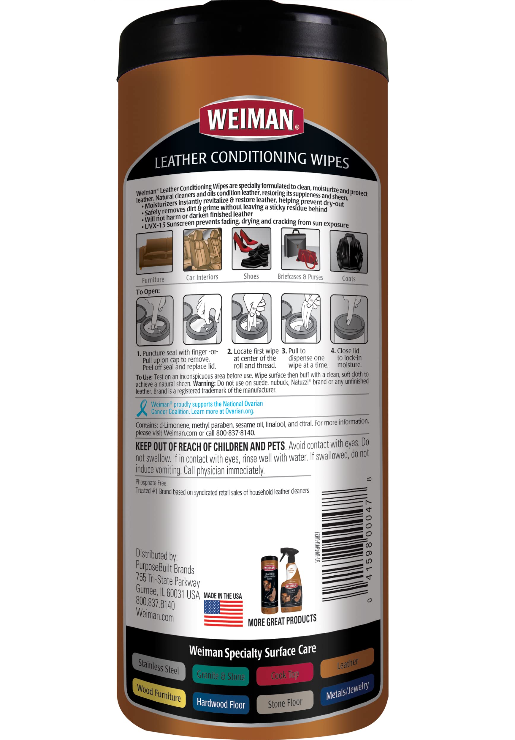 Weiman Leather Wipes - 2 Pack - UV Protection for Couches, Car Seats, Shoes - 30 Count - Model WMN-008B