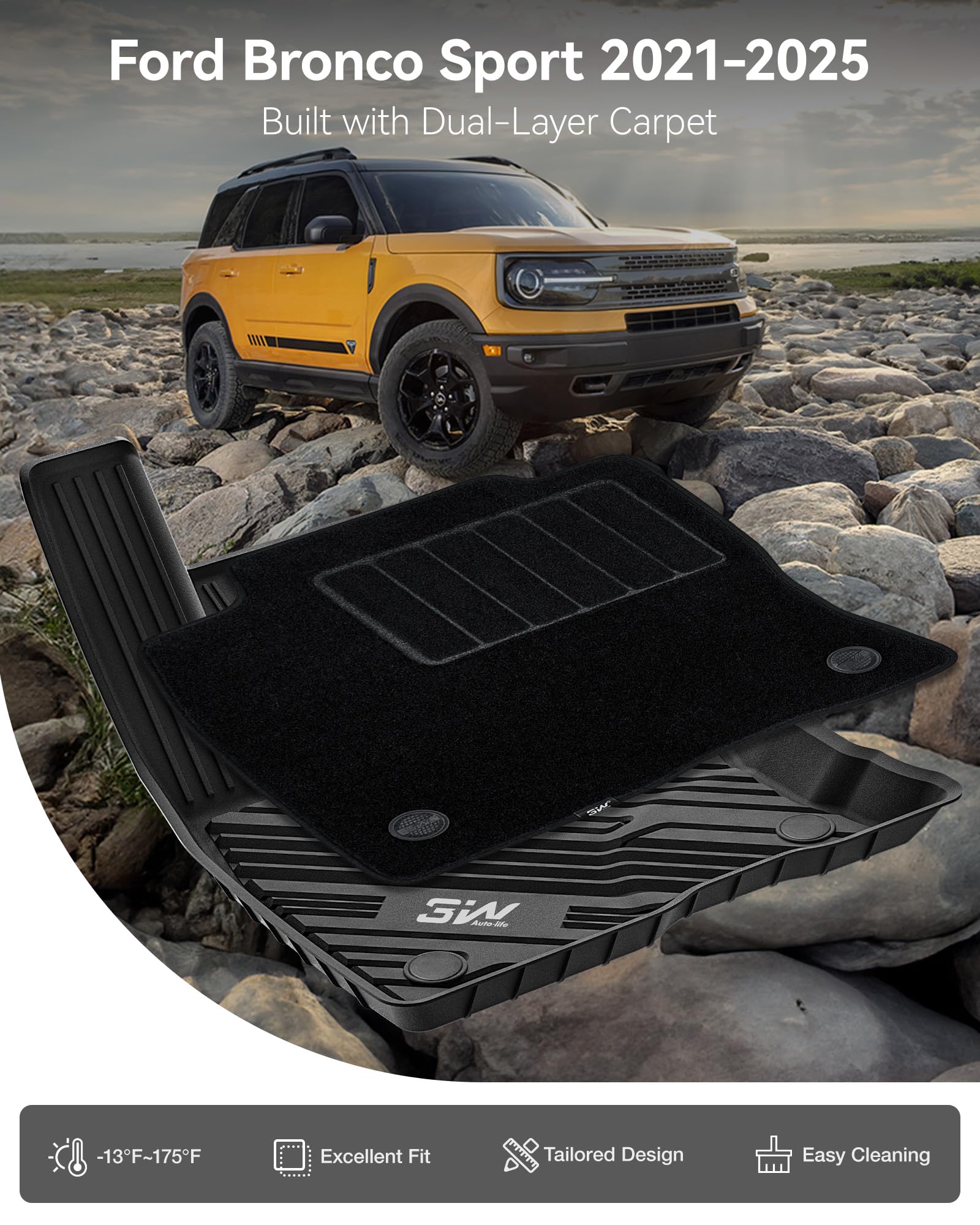 3W Floor Mats & Carpets (1st and 2nd Rows) Fit for Ford Bronco Sport 2021-2024 All Weather TPE Car Accessories Custom Fit Full S