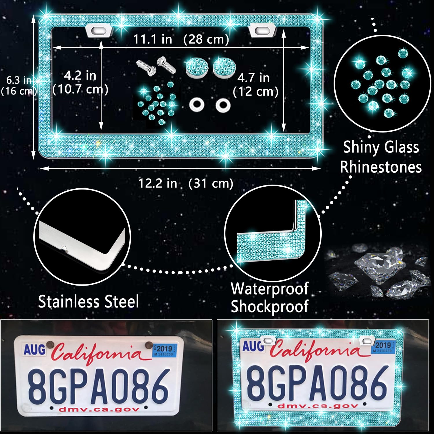 NBTEPEM 27 PCs Aquamarine Bling Car Accessories Set, Universal 15" Steering Wheel Cover, Silicone, Includes License Plate Frame & Phone Holder