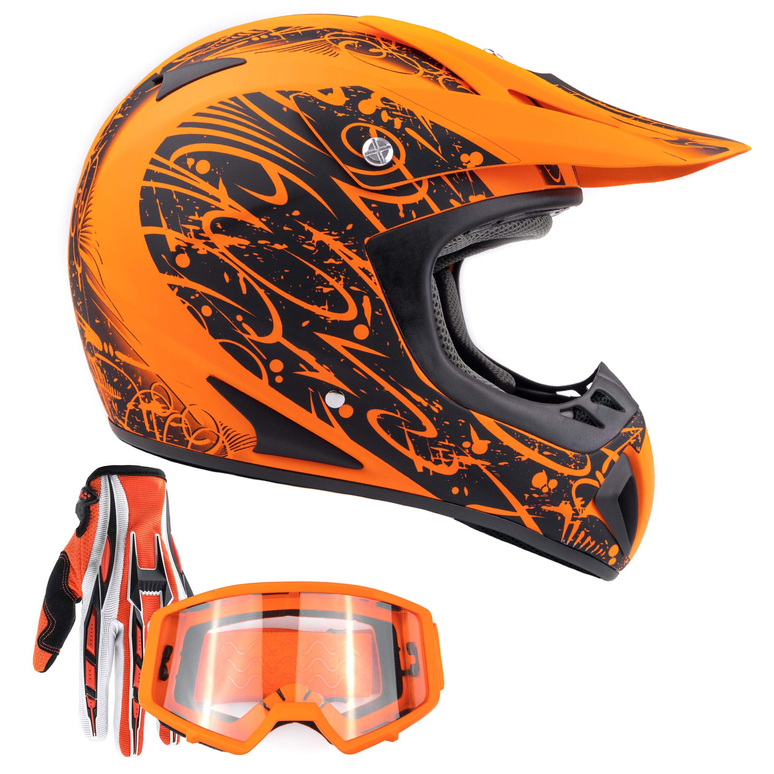 Typhoon Adult Atv Mx Helmet Goggles Gloves Gear Combo Matte Orange W/ Orange ( Small )