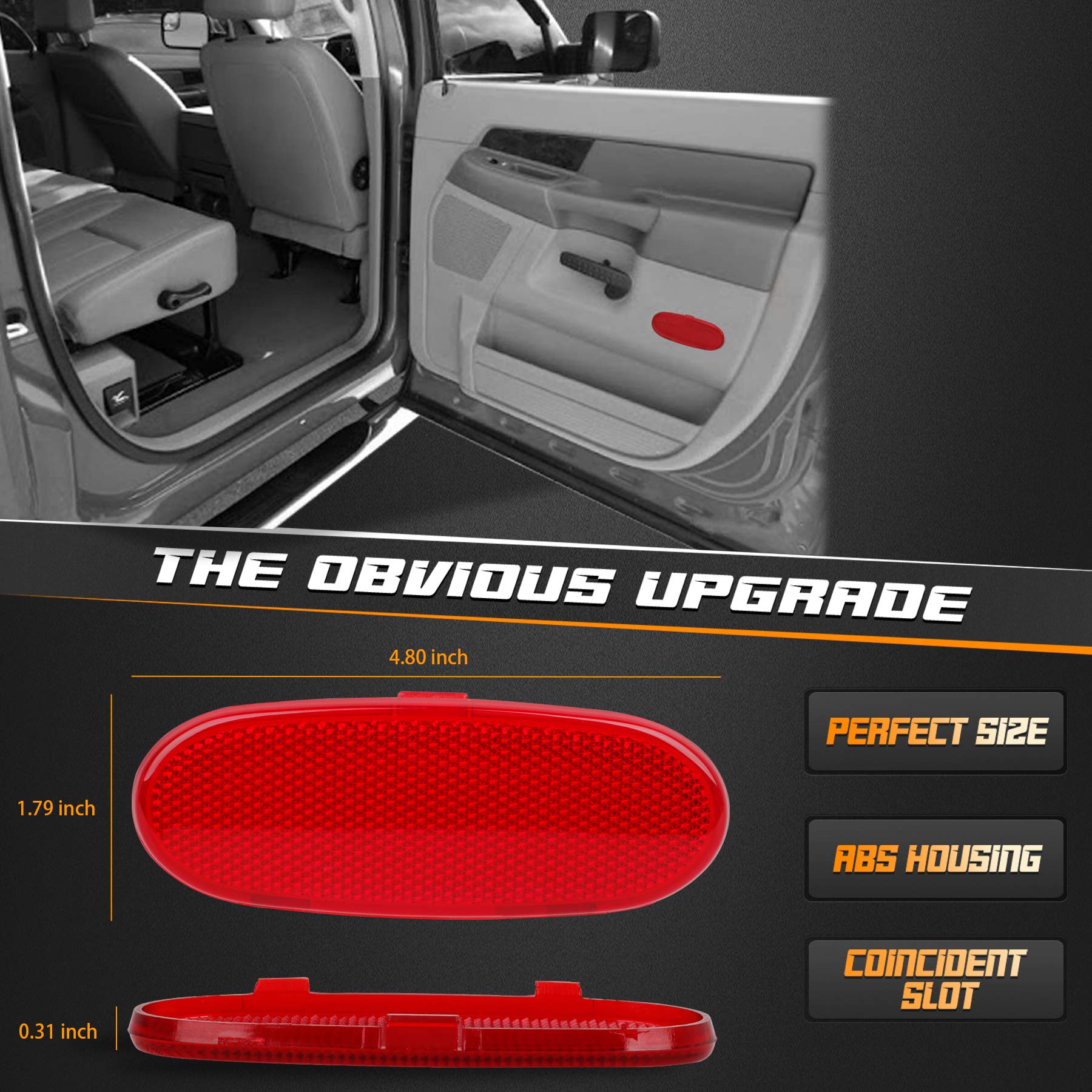 HERCOO Door Panel Reflector Interior Door Reflectors Red Front Reflector Light Cover Compatible with Dodge Ram 1500 2500 3500 Ra