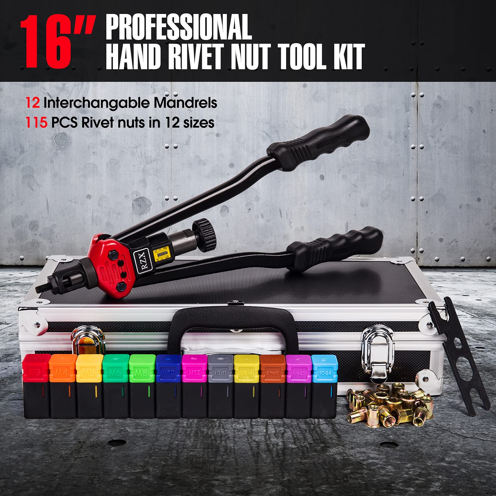 Rzx 16" Rivet Nut Tool Hand Blind Riveter With Nut Setting System Totally 12Mandrels M3 M4 M5,M6,M8,M10 M12, 10-24, 1/4-20, 5/16-18,3/8-16,1/2-13 +115Pcs Rivets Nuts With Aluminum Carrying Case