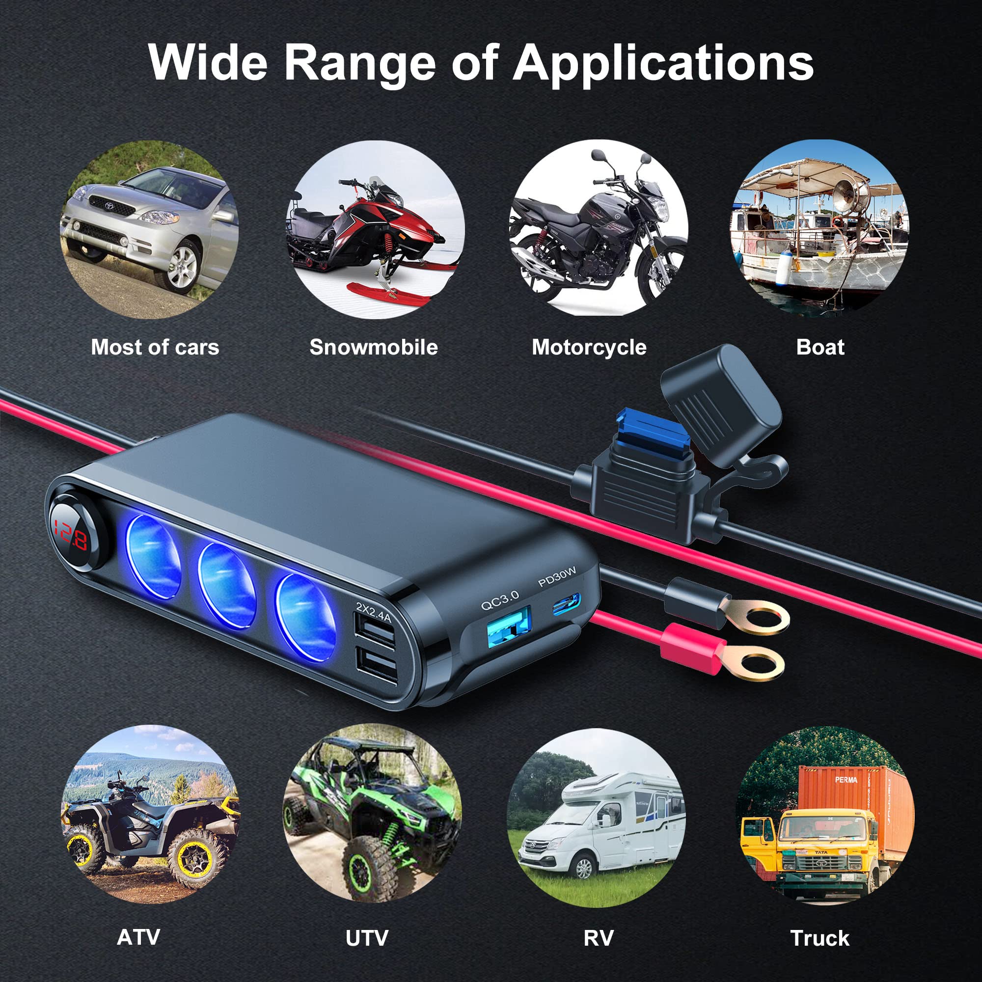 Eugizmo 12V Cigarette Lighter Socket Splitter, 200W, 3 Ports, USB Charger, Black, Model EP68AD