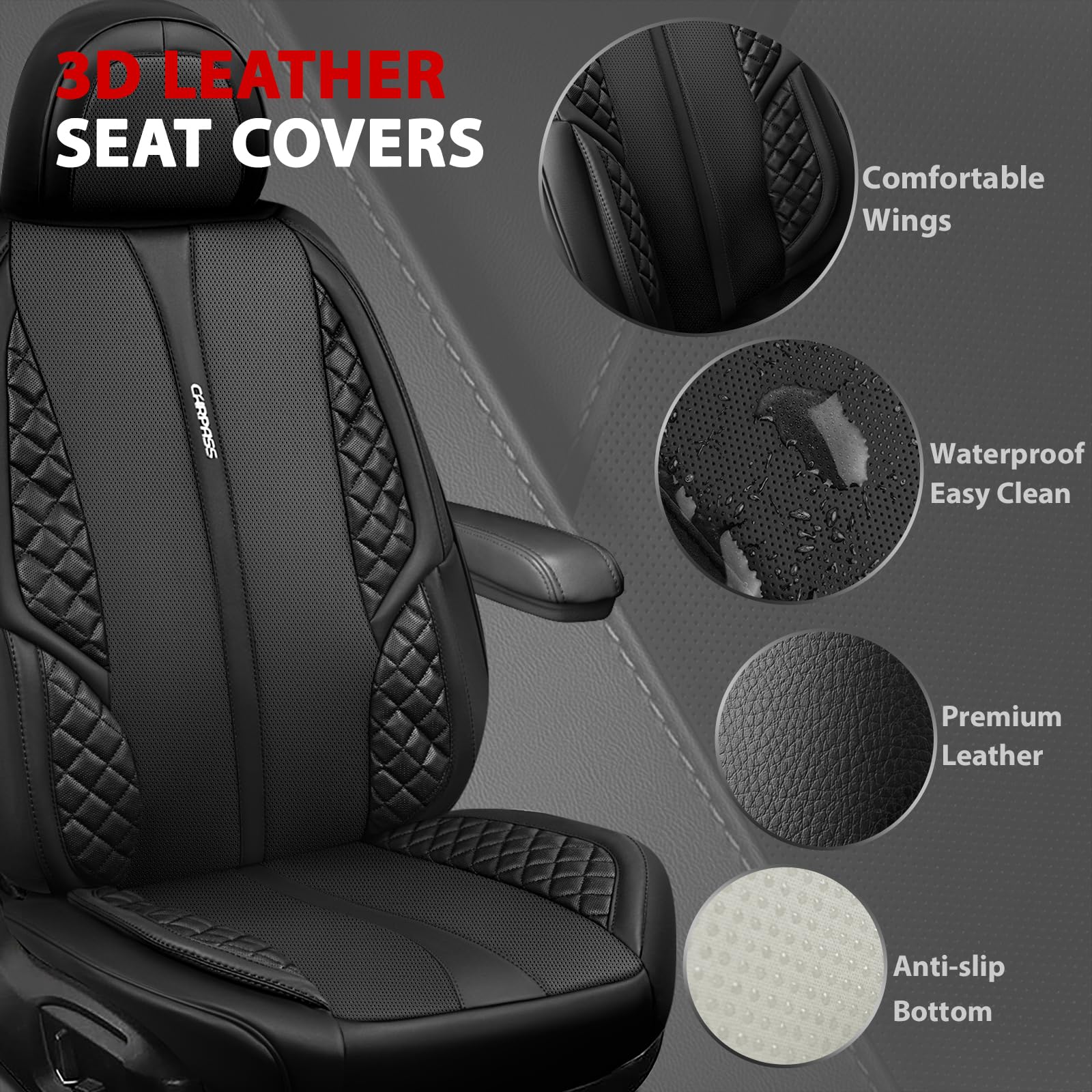 CAR PASS Nappa Leather Car Seat Covers, Waterproof 2 Pack, Black Front, Universal Fit for Sedan SUV Pickup Truck, Model SJ006BB-BK1HF-PUBB2NH22G