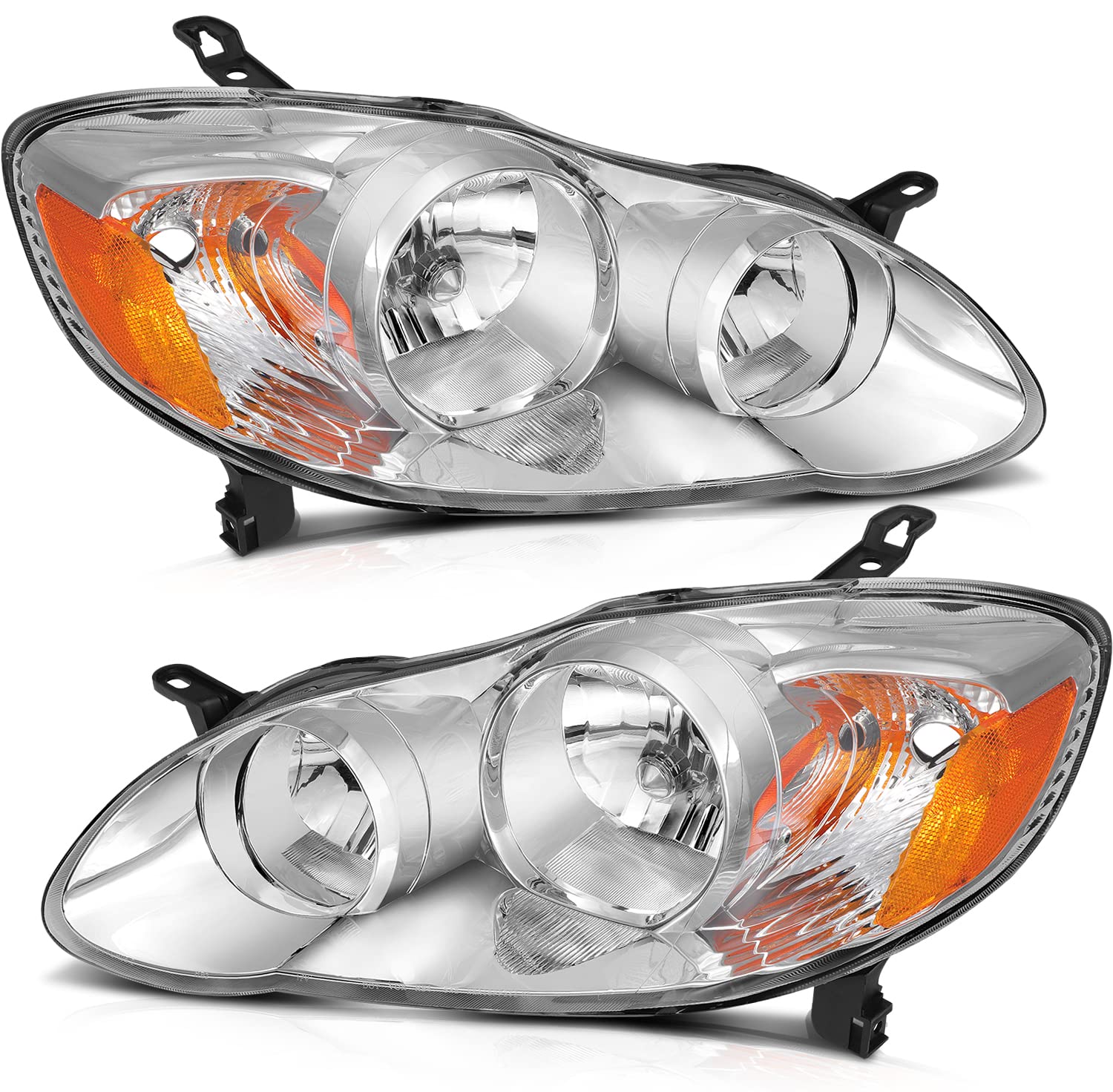 LSAILON Headlight Assembly Replacement Fit For 2003-2008 Toyota Corolla Chrome Housing Amber Reflector Driver and Passenger Side