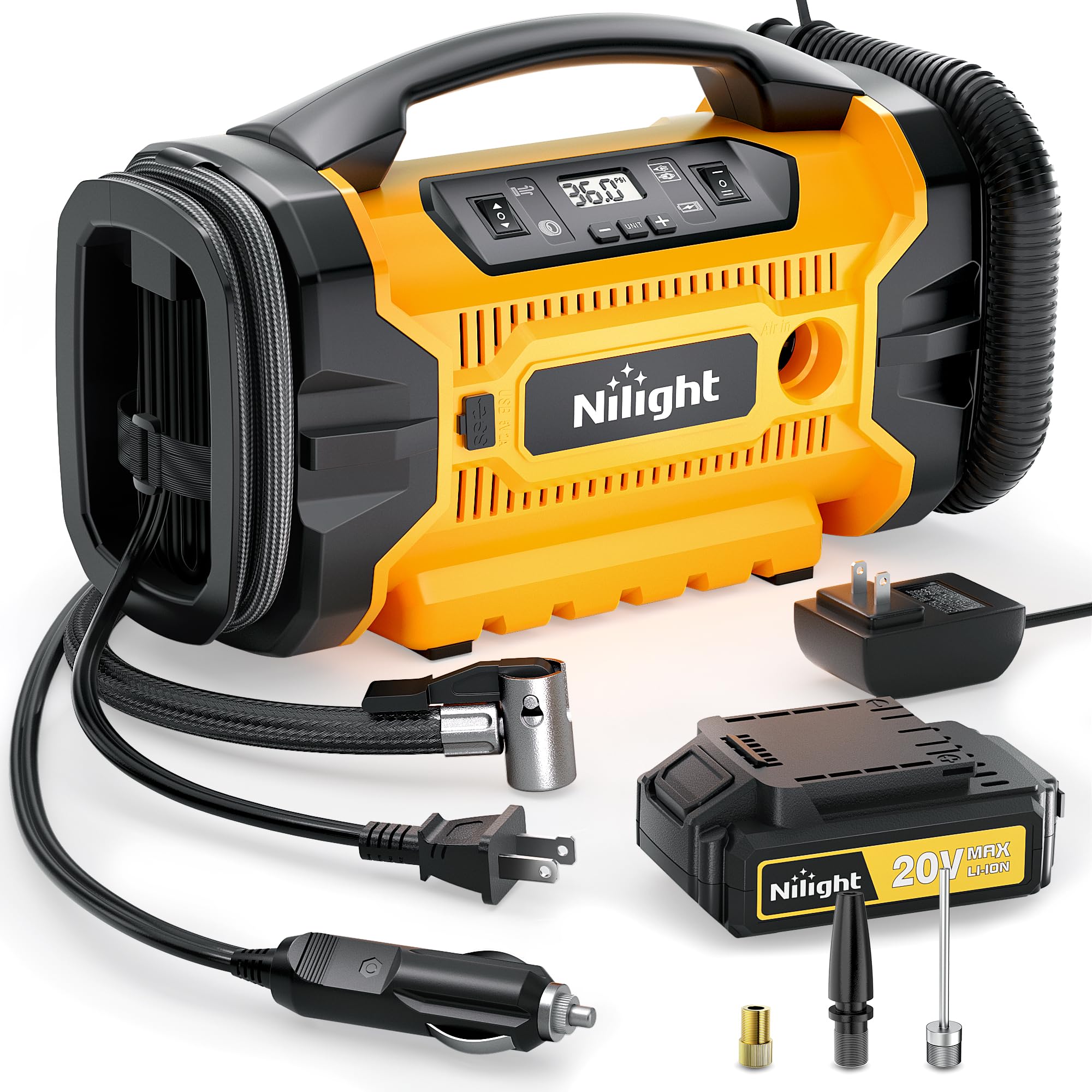 Nilight Portable Air Compressor Tire Inflator 3 Power Sources Pump 160Psi Dual Powerful Motors Fast Inflate Auto Shutoff For Car