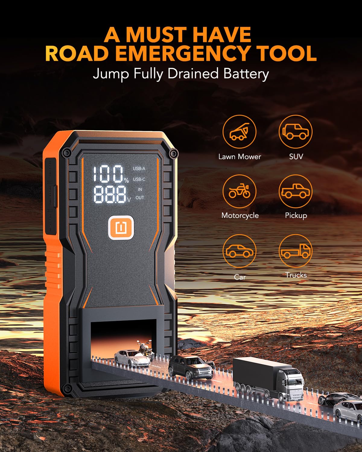 OXILAM Jump Starter 6000A - Portable Car Battery Jumper, 12V Lithium, LED Display, Orange, Model Y2