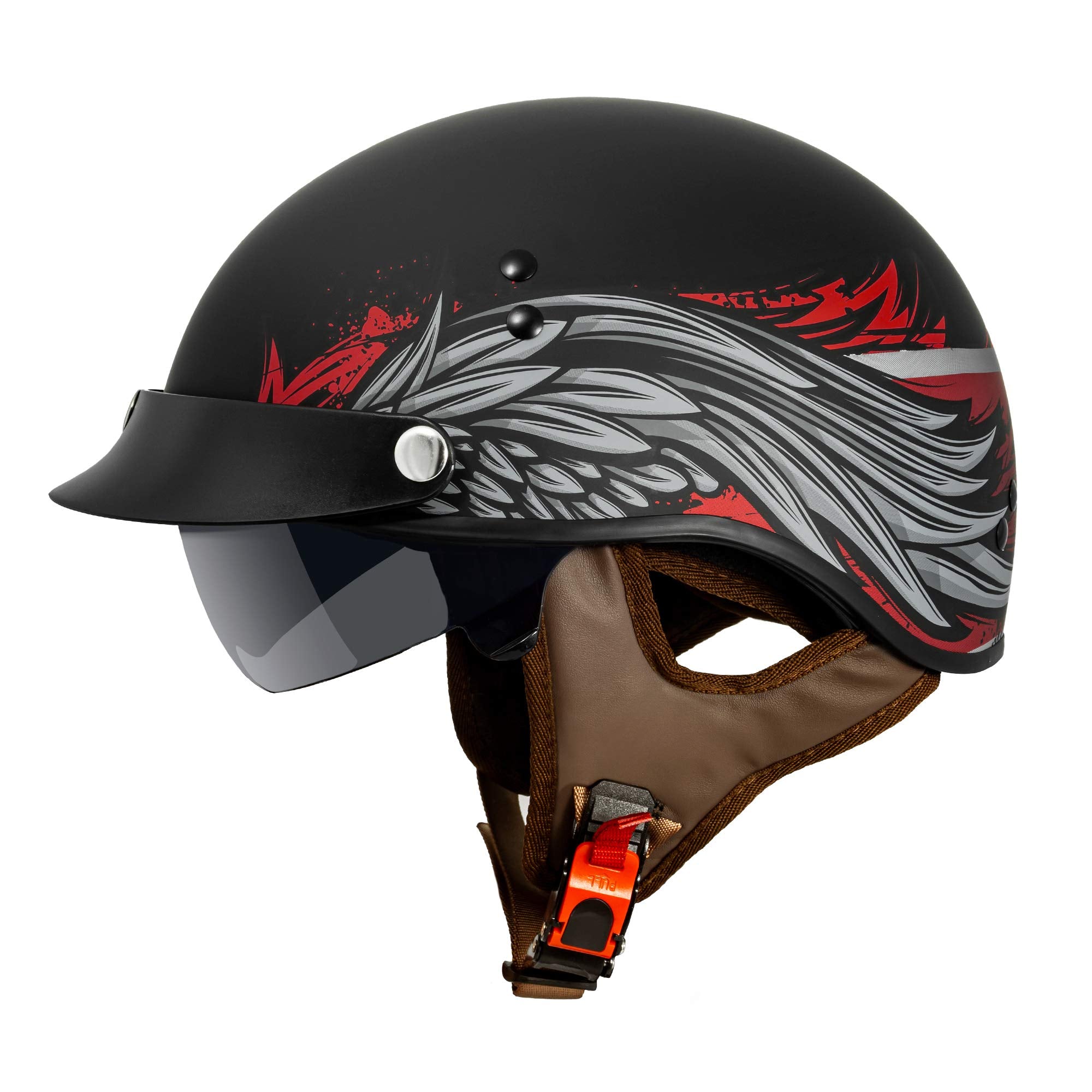 Vcan Cruiser Solid Flat Black Half Face Motorcycle Helmet With Drop-Down Sun Visor, Removable Peak And Quick Release Buckle (Pho