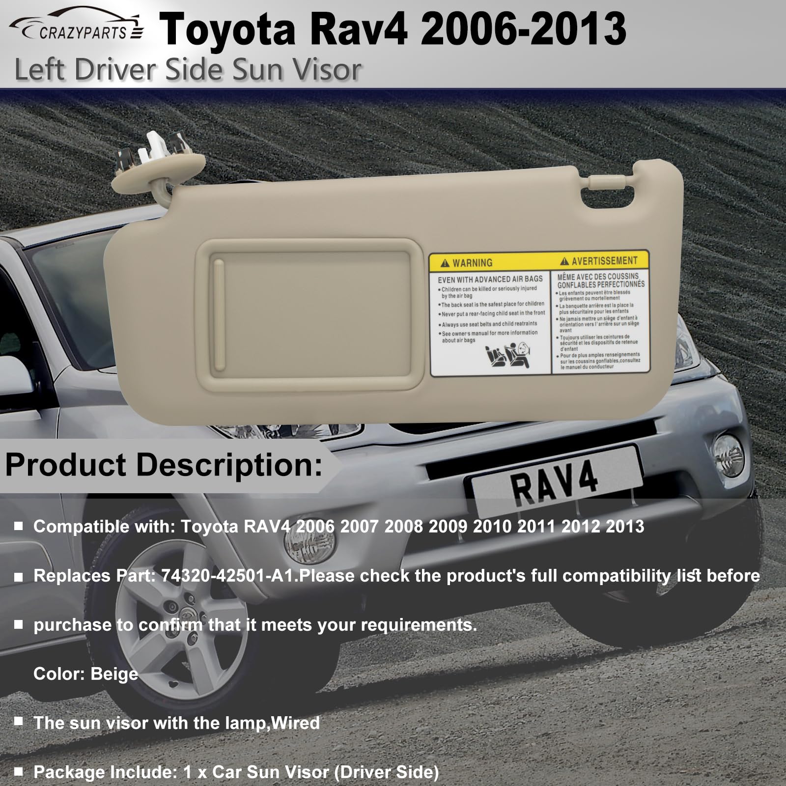 CRAZYPARTS Driver Left Side Sun Visor for Toyota RAV4 2006-2013, Beige, Model 74320-42501-A1, Plastic Material