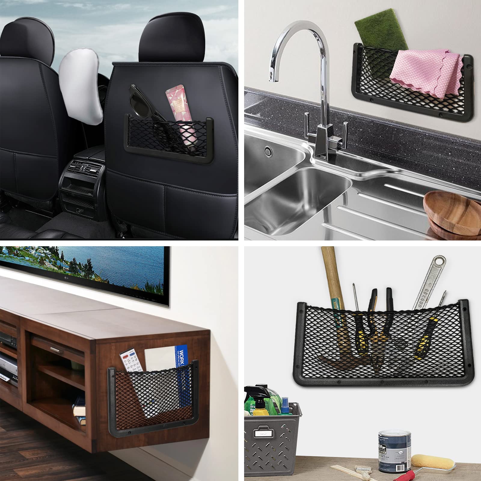 4 Pieces ABS Plastic Frame Automotive Cargo Nets Car Net Pocket Phone Car Mesh Net Holder RV Storage Boat Cargo Pocket Organizer