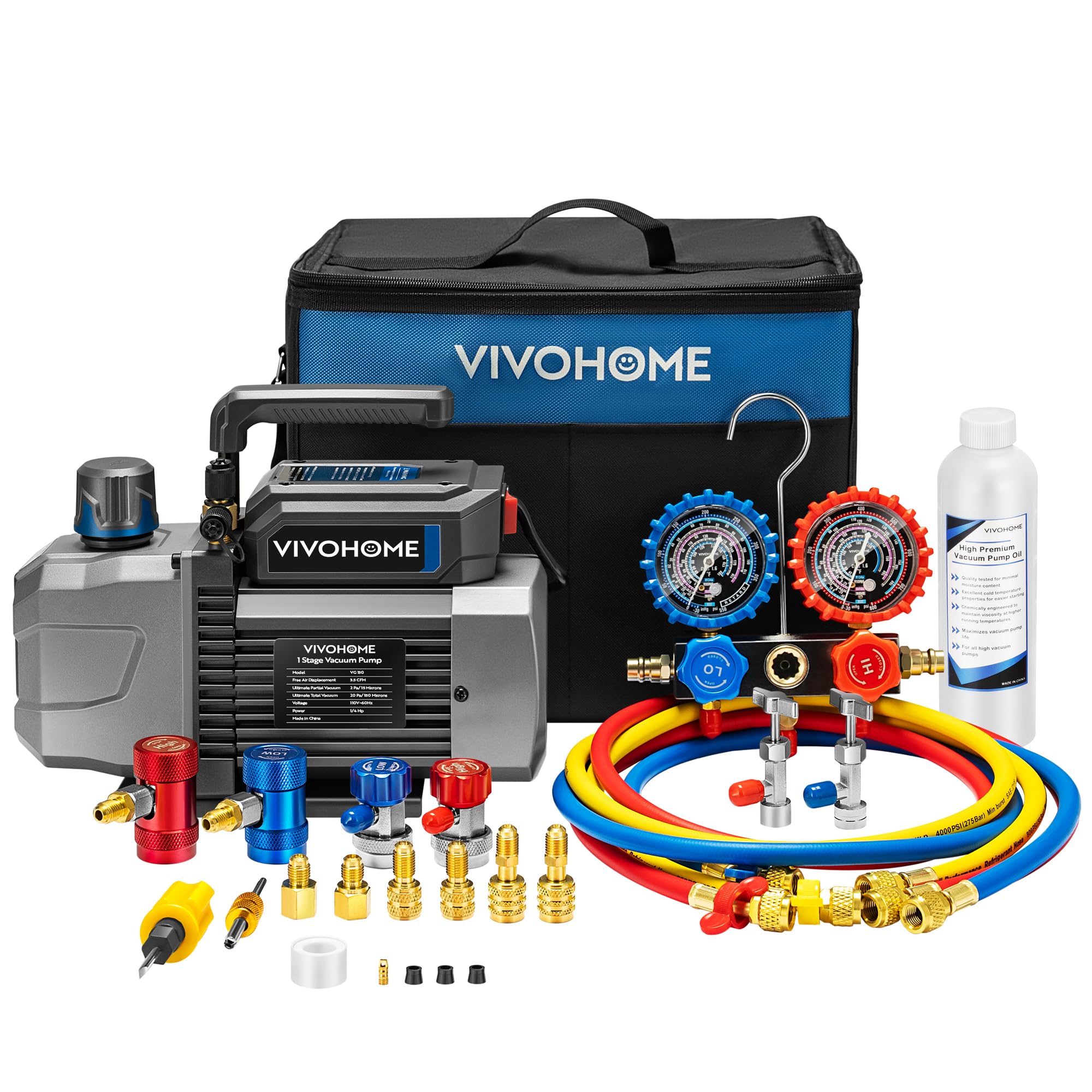 VIVOHOME A2L AC Vacuum Pump and Manifold Gauge Set, 1/4 HP 3.5CFM Single Stage HVAC Vacuum Pump Kit with 5ft Hoses, Sparkless Mo