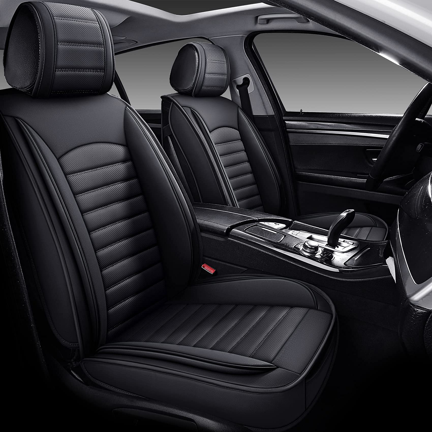 Omoka Auto Car Seat Covers With Waterproof Leather,Vehicle Cushion Cover For Cars Suv Sedan Pick-Up Truck Universal Fit Set For Most Cars (Black, 2 Pcs Front Seat)